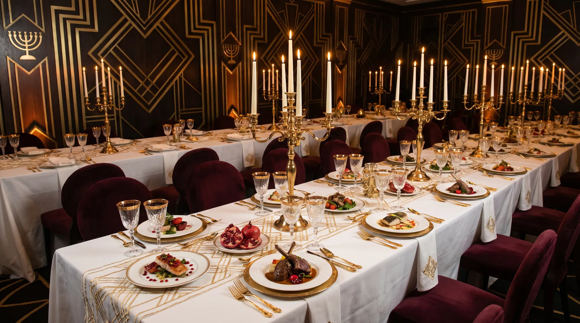 Elegant kosher banquet table with candelabras