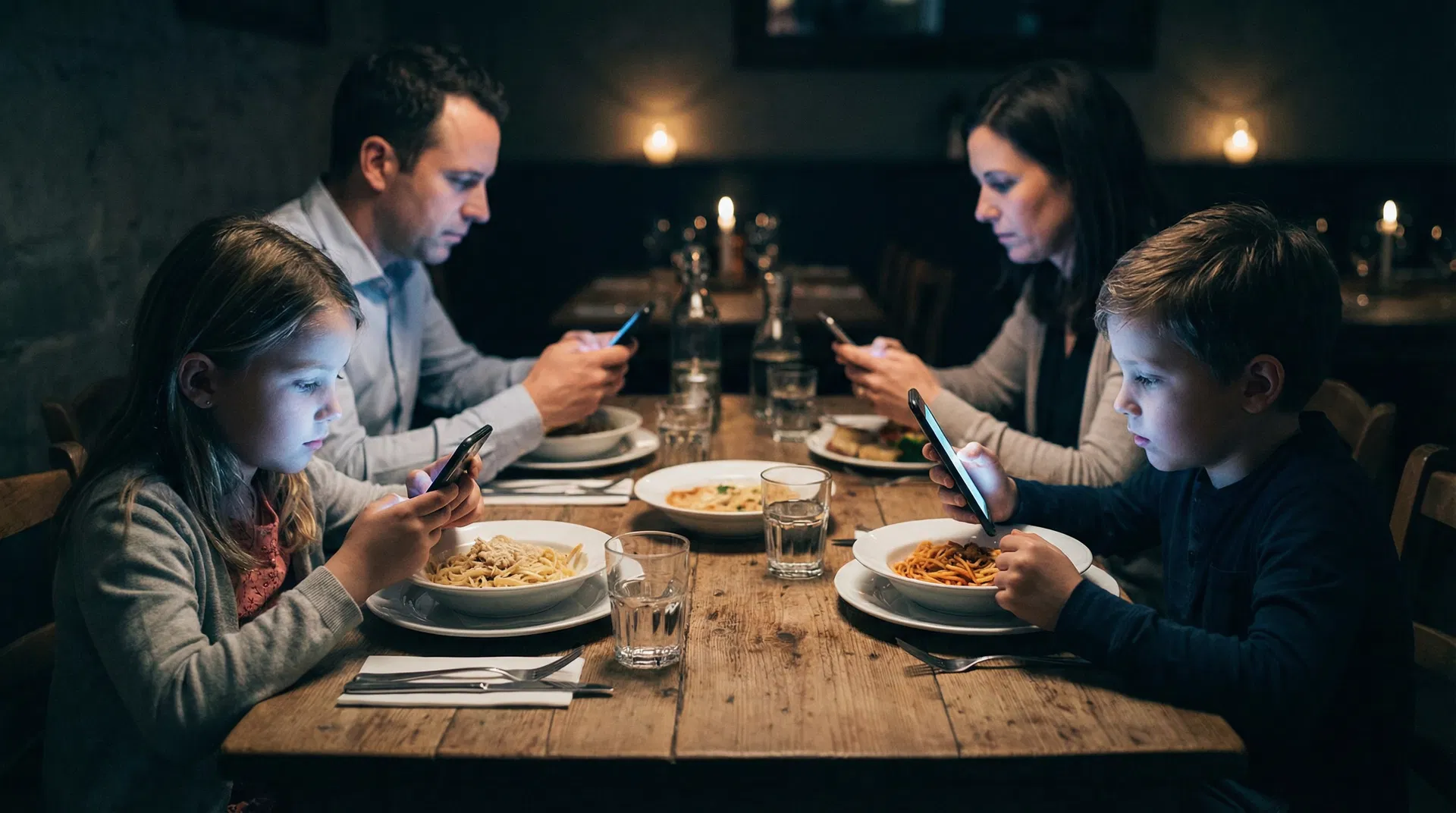 Family at dinner on phones