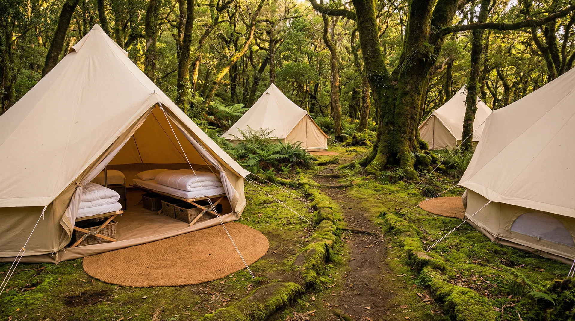 Organic glamping camp — Sibley 500 tents pitched directly on the moss-covered forest floor of Madeira