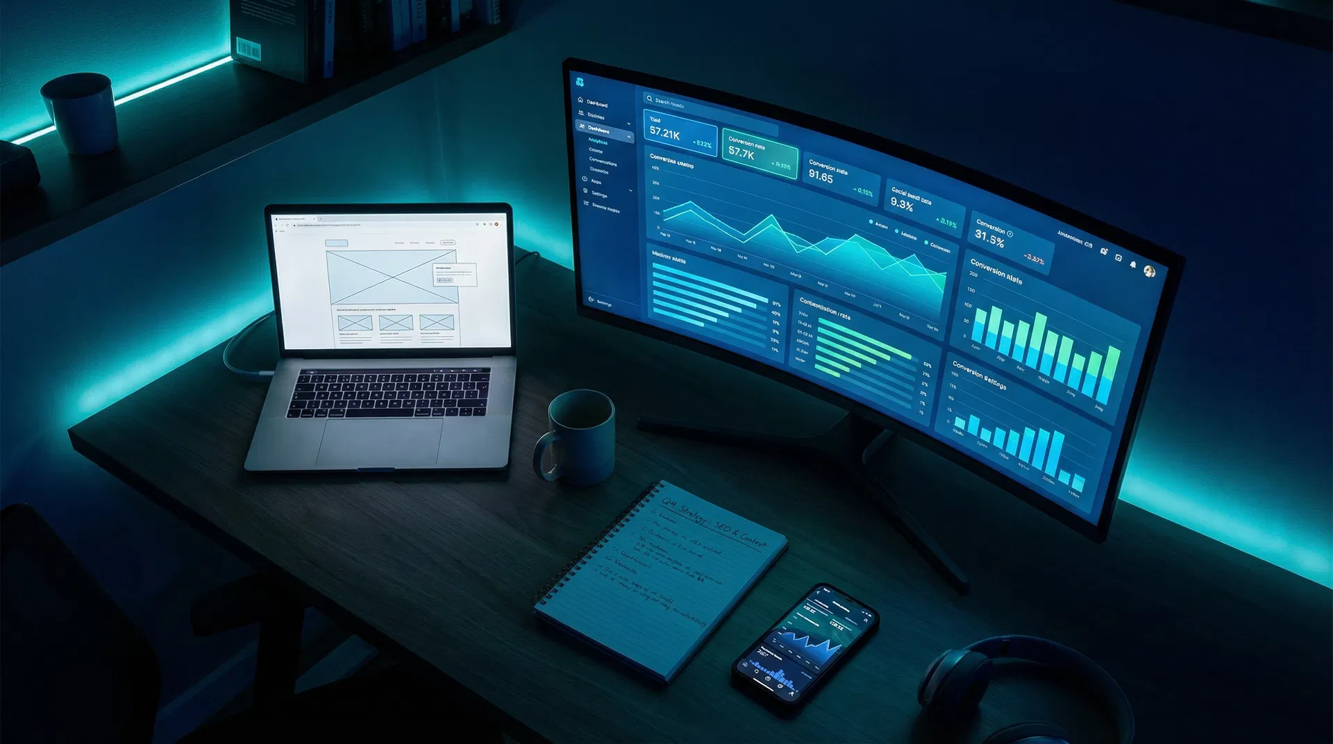 Digital marketing workspace with analytics dashboards