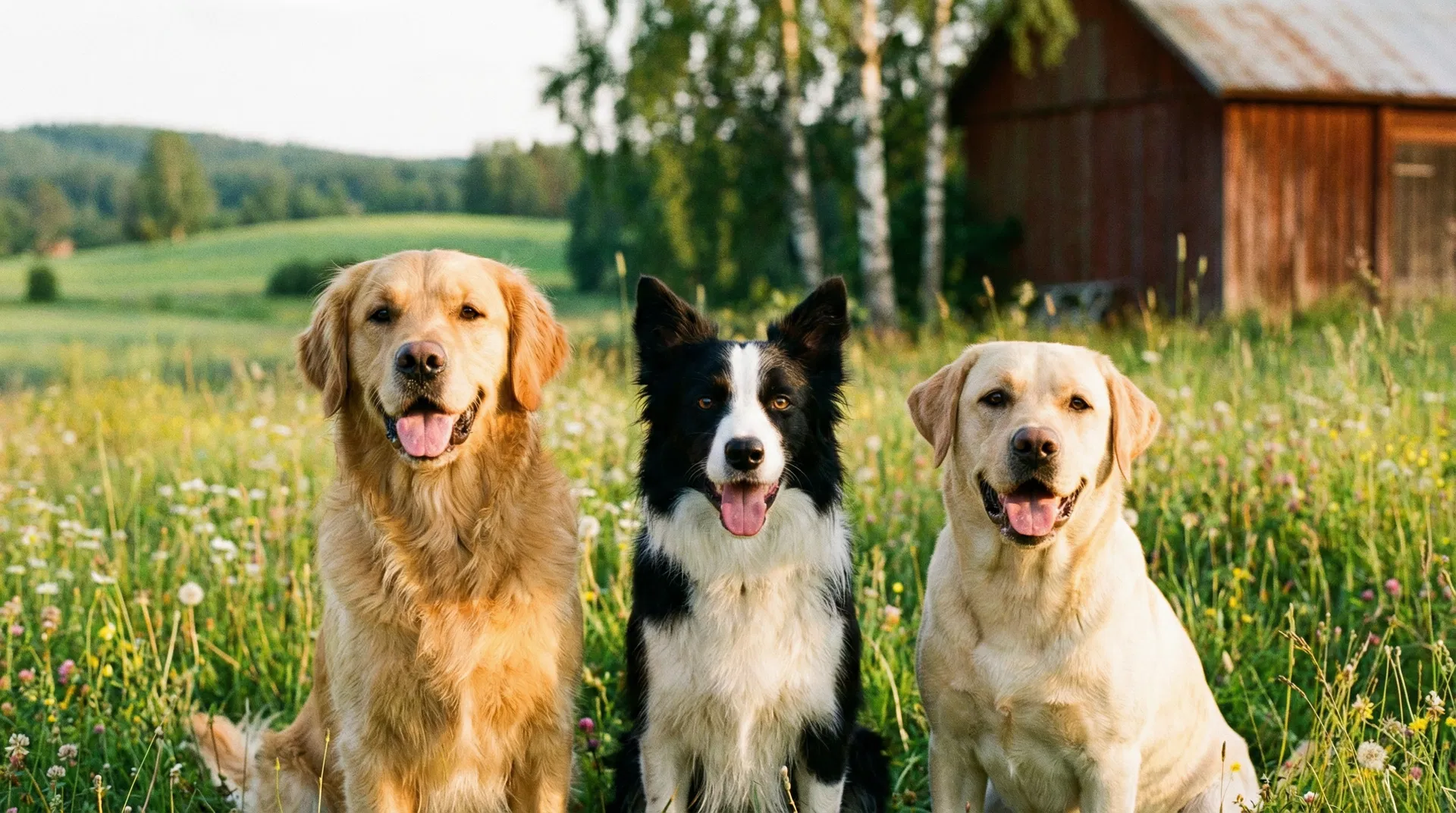 Glada friska hundar som äter svenska kosttillskott från ApotekHunden