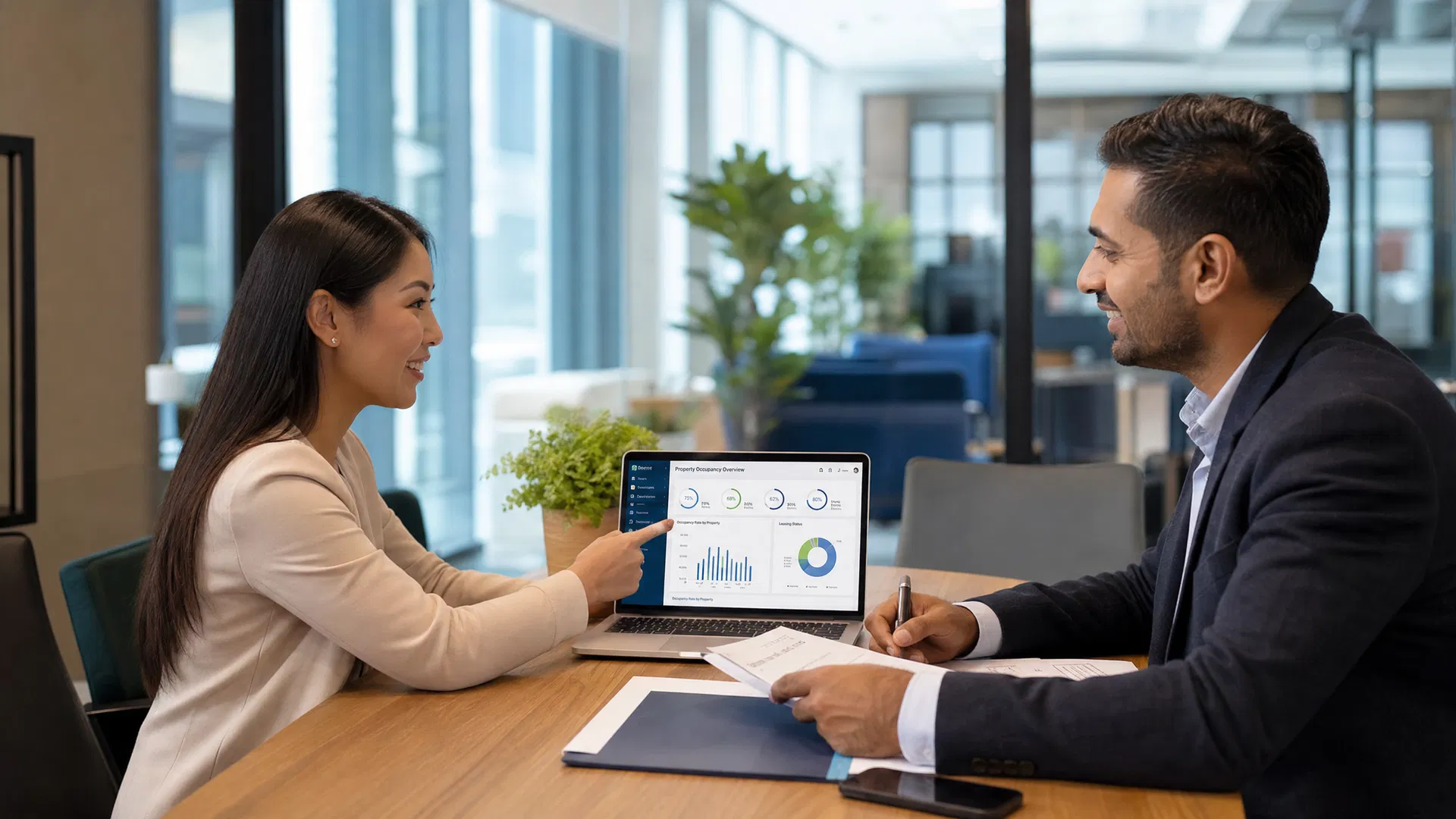 Business meeting showing occupancy data