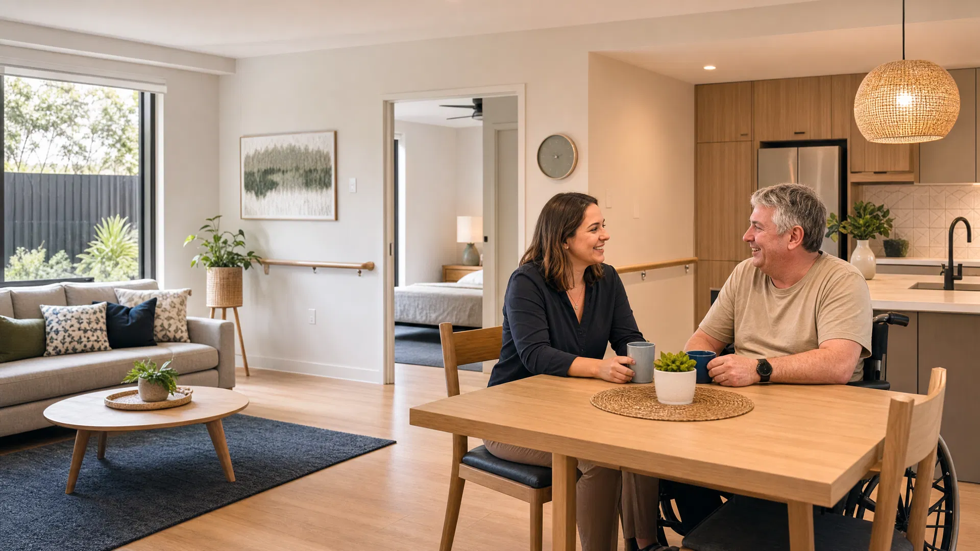 Modern disability-accessible accommodation with support worker and resident