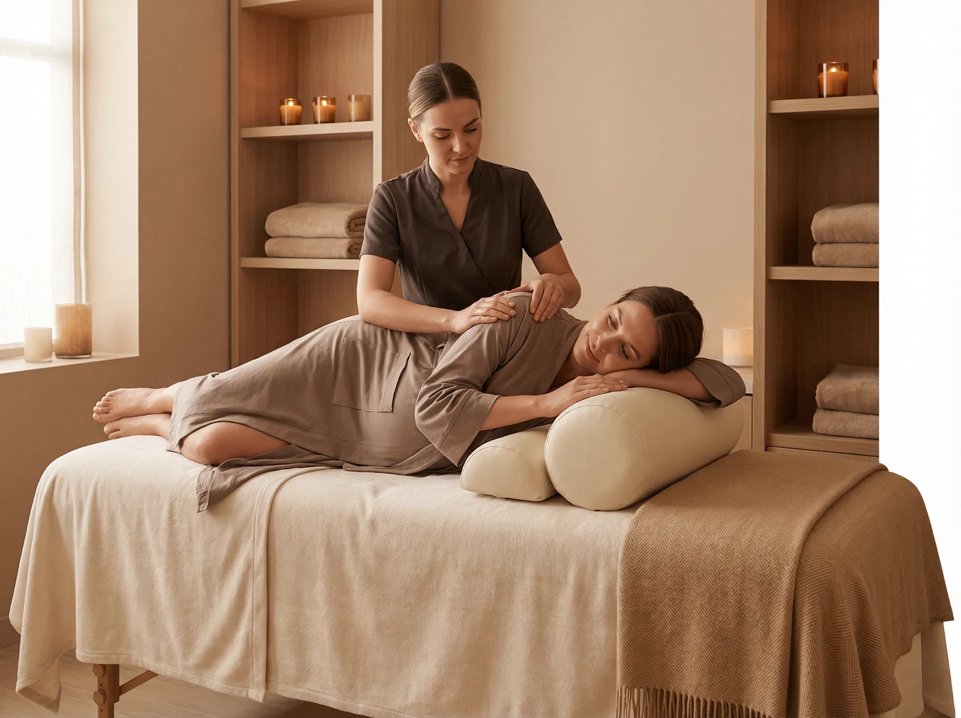 Prenatal massage session in a nurturing spa environment
