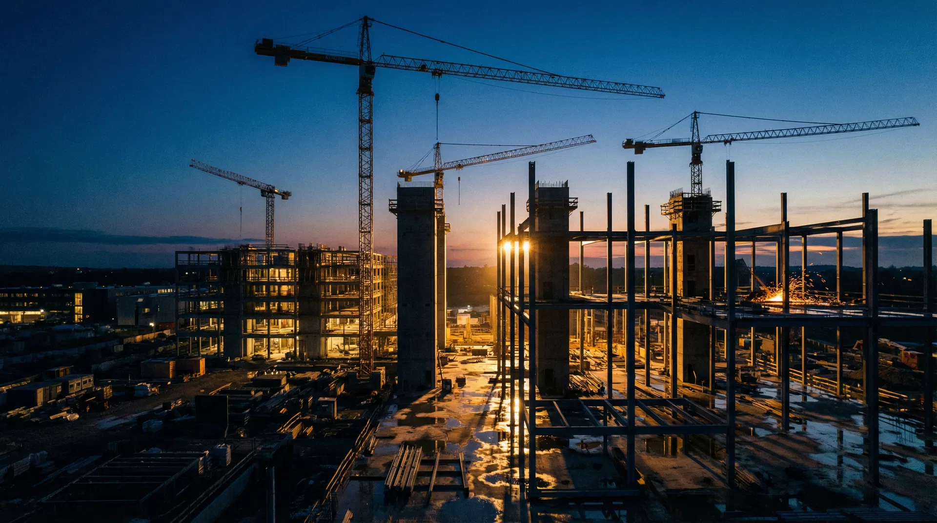 Bouwplaats bij schemering