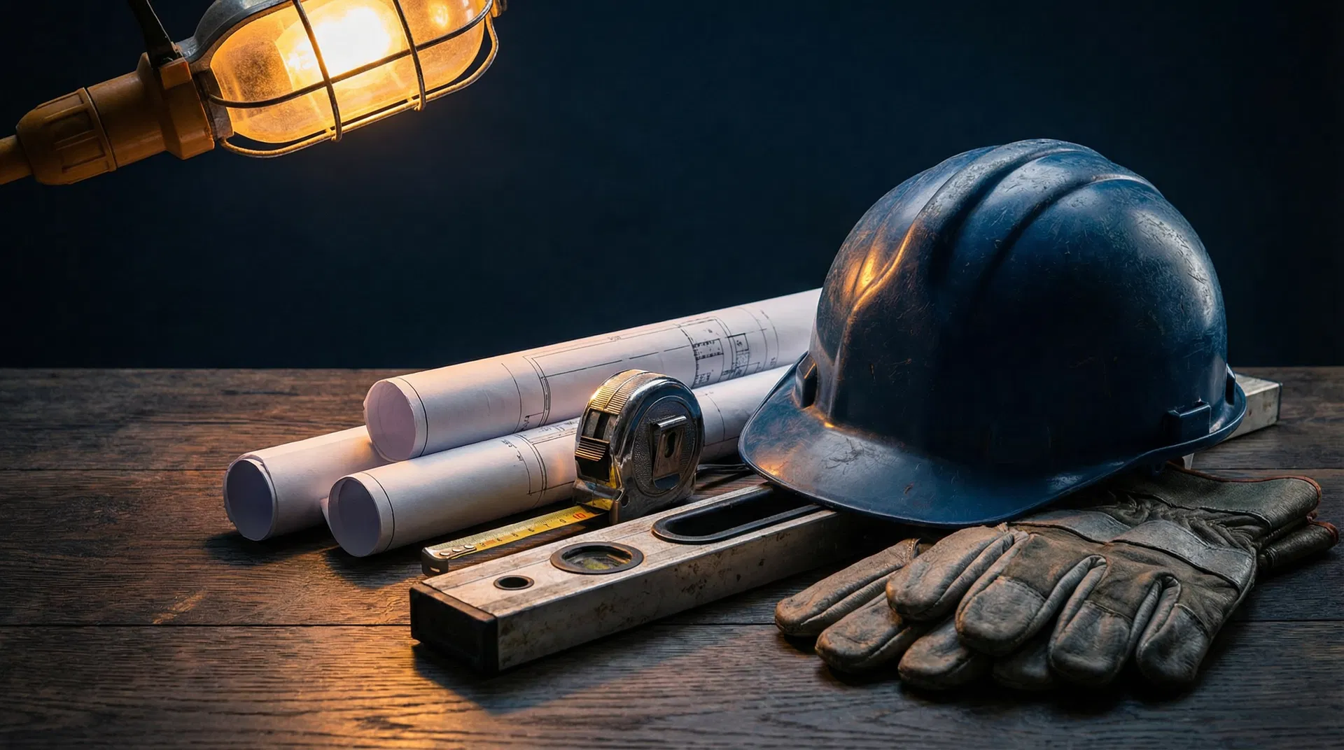 Bouwgereedschap en blauwdrukken