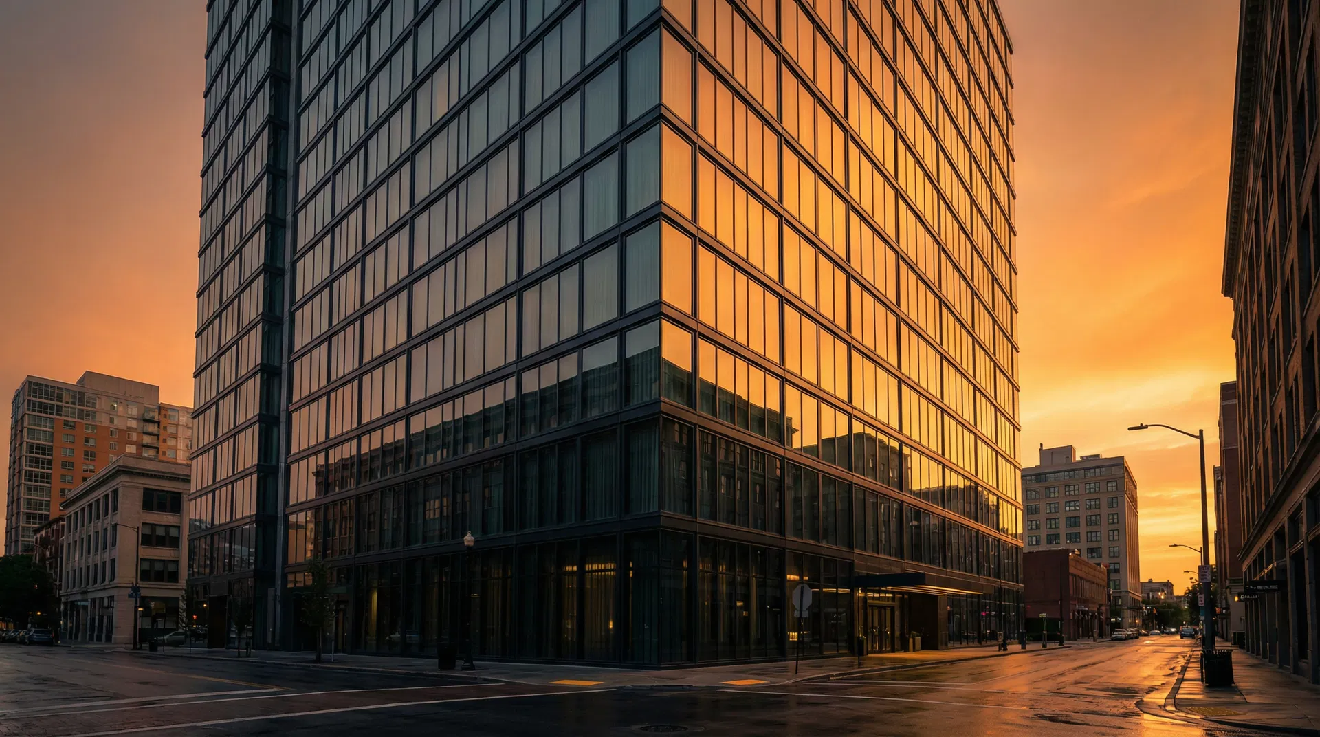 Modern hotel met glazen vliesgevel bij zonsondergang