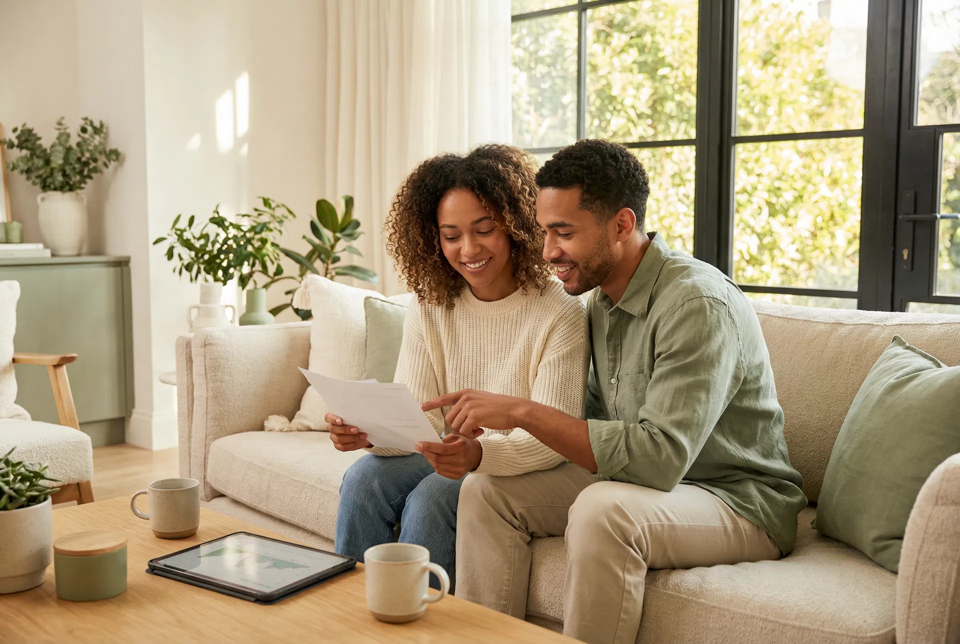 Couple reviewing financial documents together