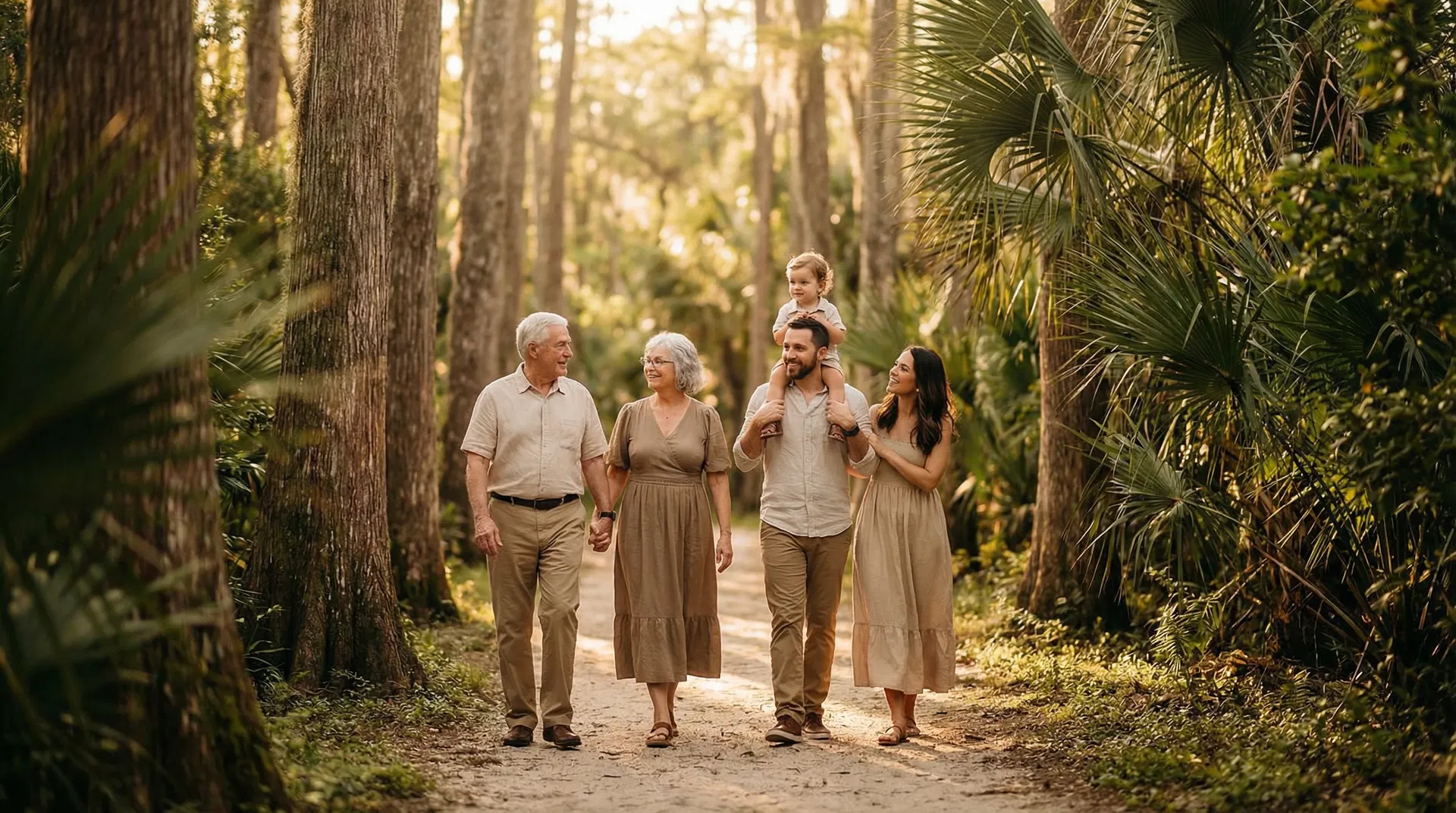 Multi-generational family walking through nature