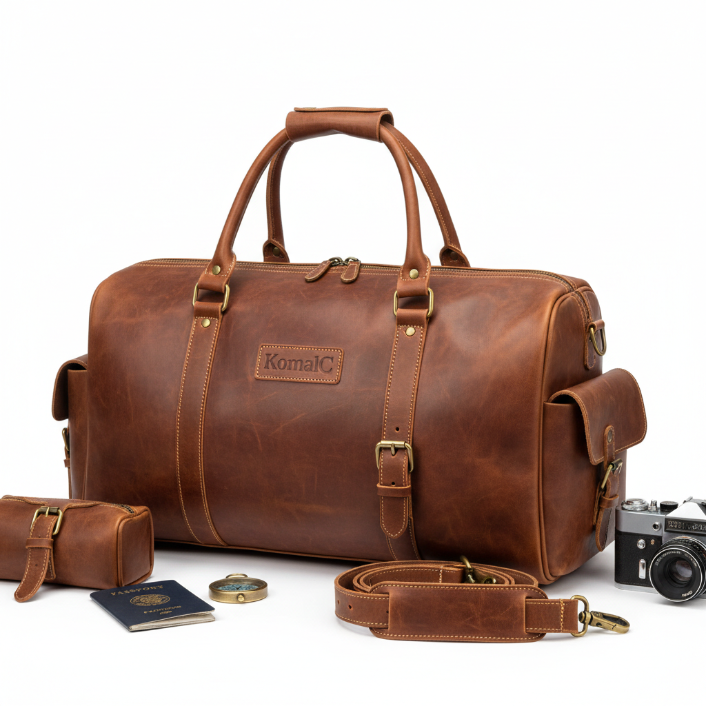 KomalC Leather Travel Duffel Bag