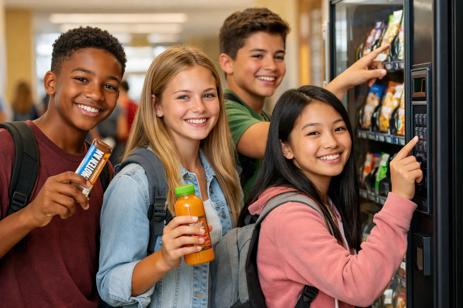Happy students using healthy vending machine at school