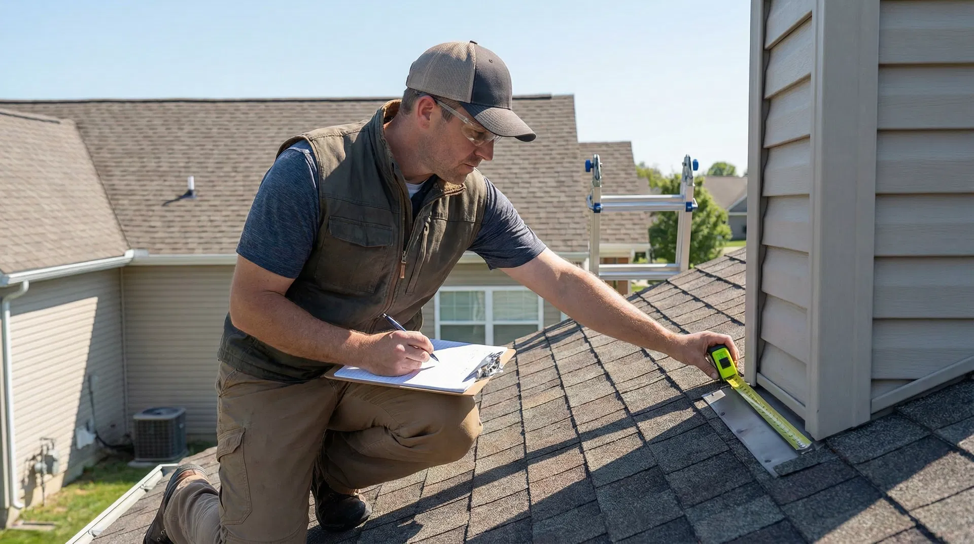 Professional home inspector assessing roof