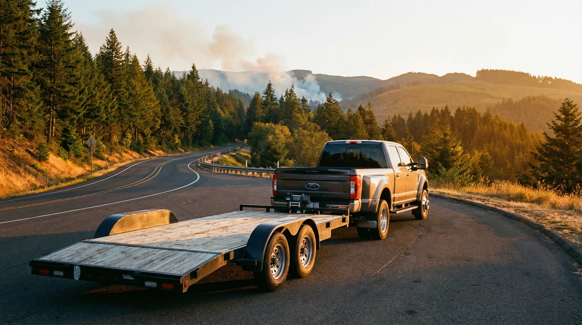 Heavy-duty trailer on an Oregon highway ready for rental in Salem