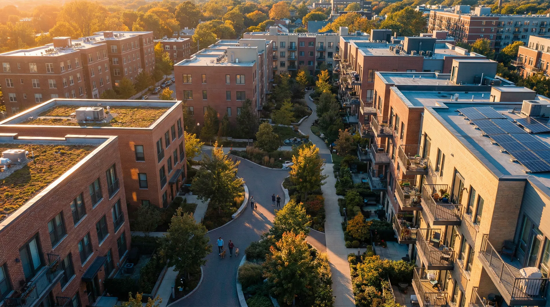 Aerial view of apartment communities and mid-rise buildings at golden hour