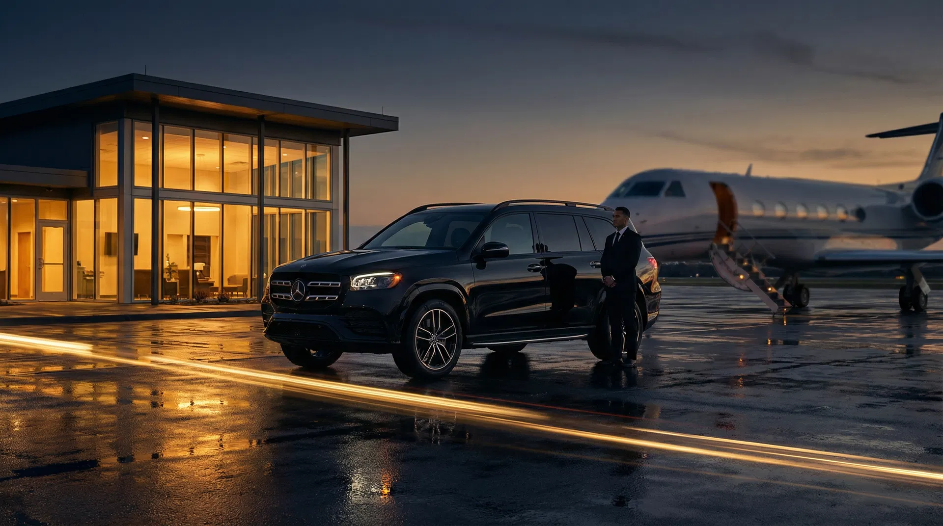 Noble InMotion GLS580 at DFW FBO terminal at dusk