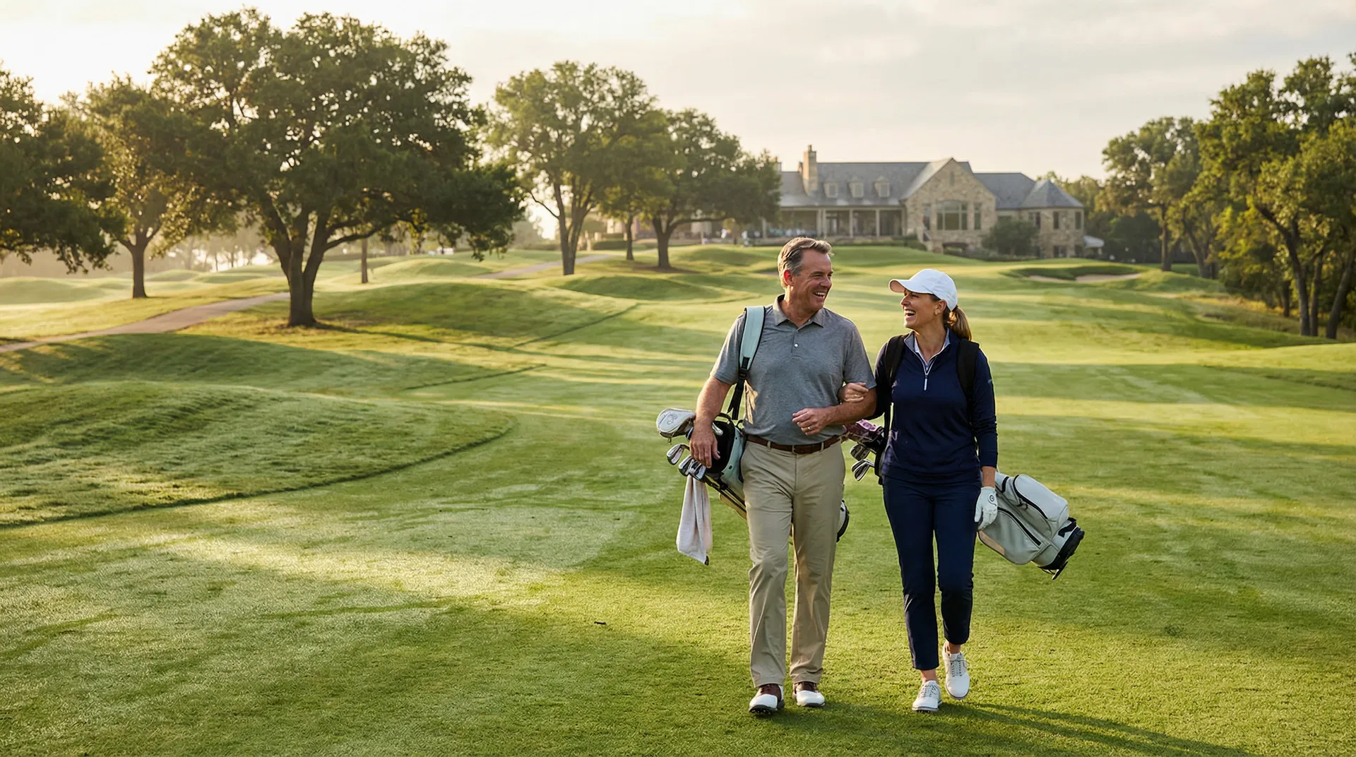 Two golfers walking and laughing on a beautiful course