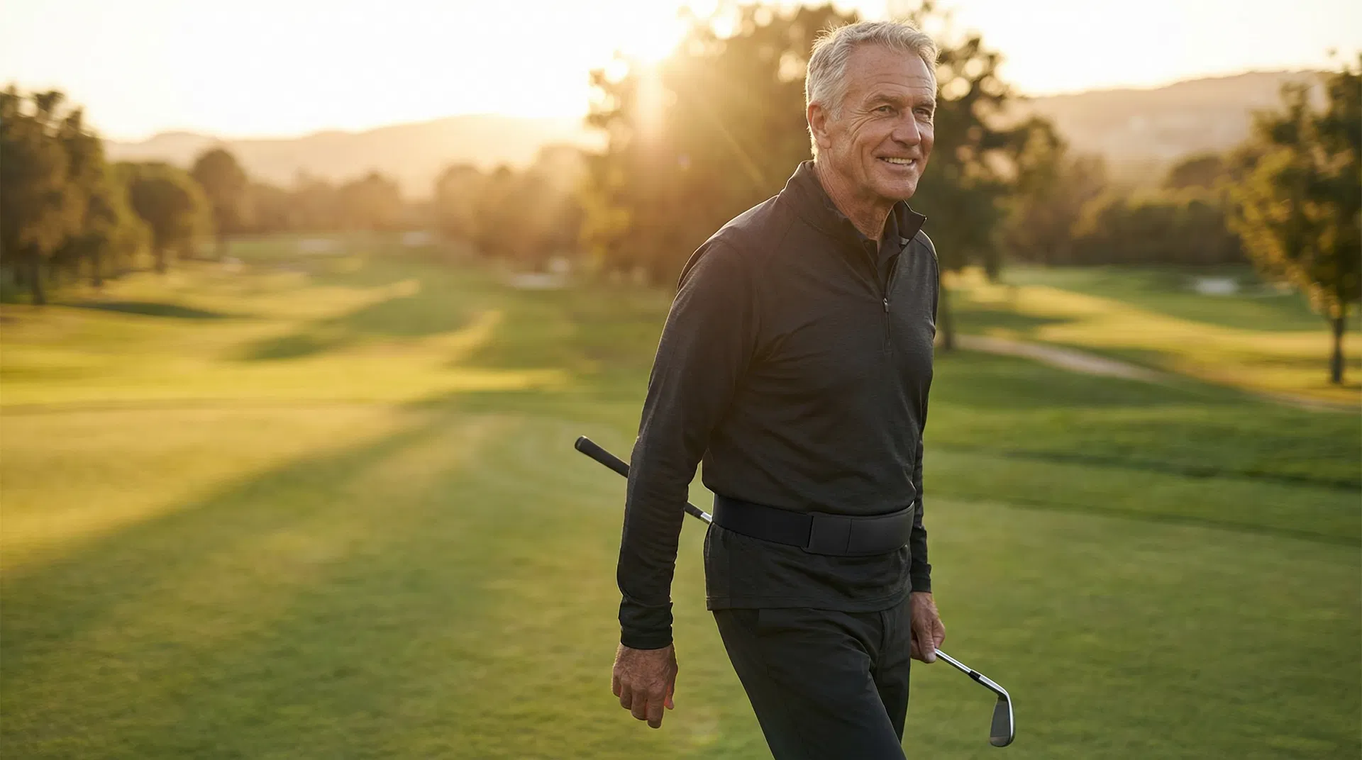 Golfer walking confidently on a beautiful course at golden hour