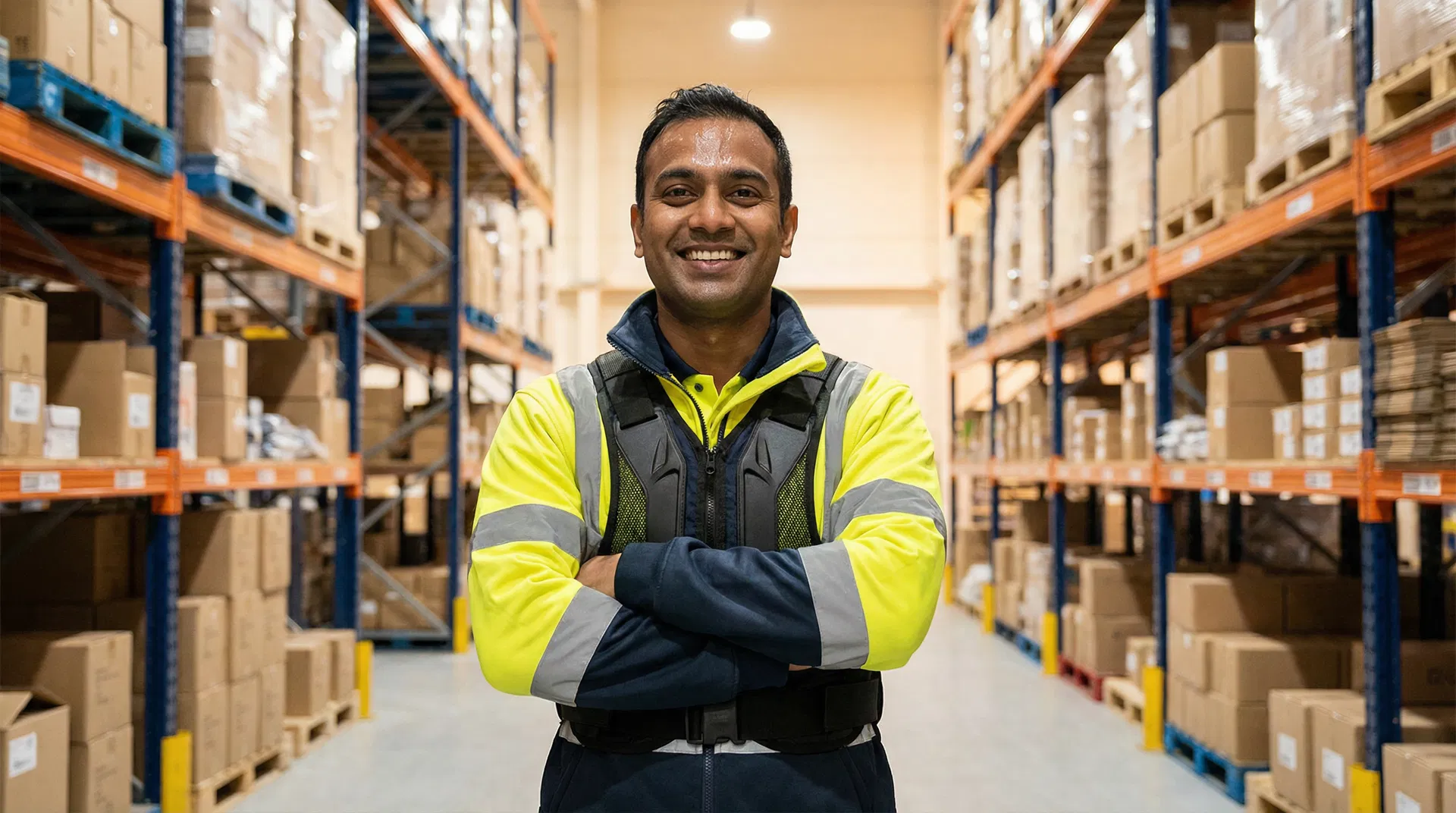 Warehouse worker smiling at end of shift, wearing exoskeleton
