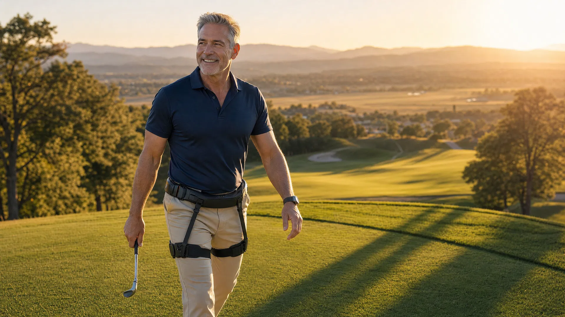Golfer walking confidently on a course with XIO Sports Assist
