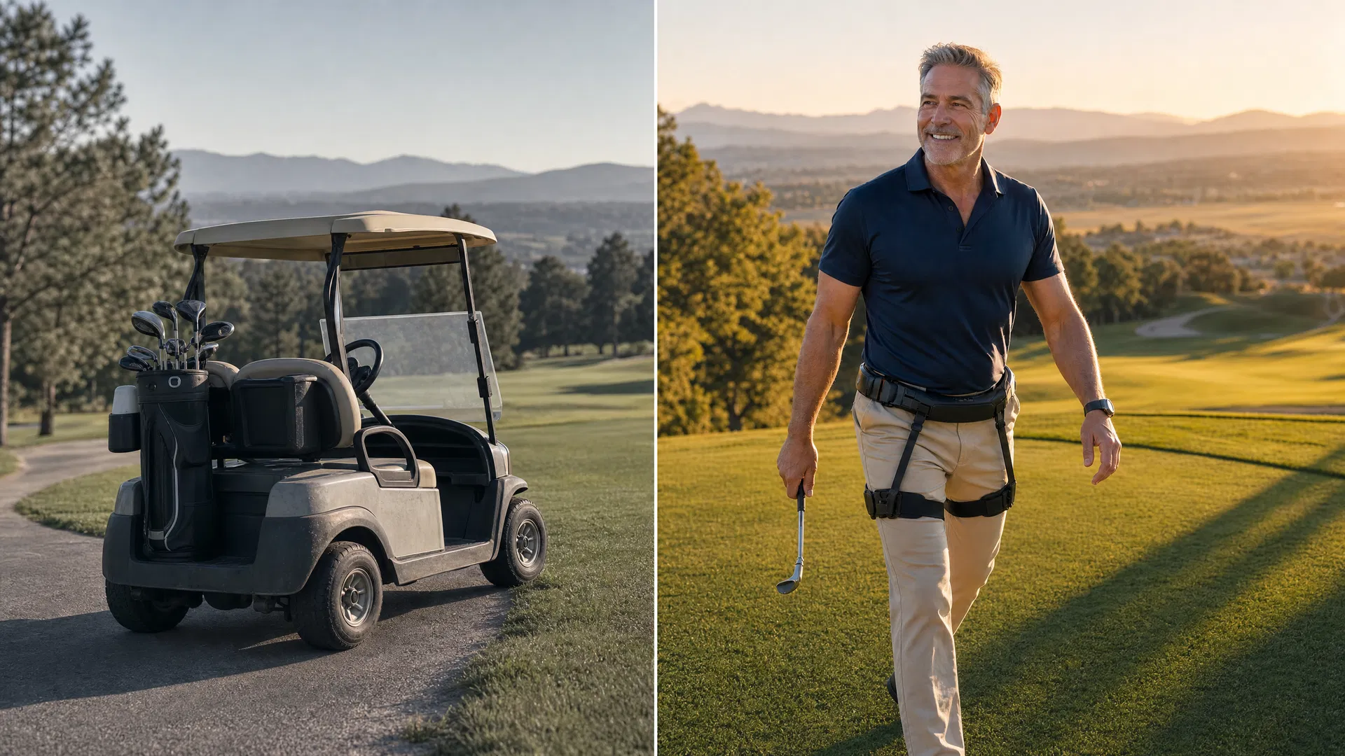 Golf cart on the left vs golfer with XIO exoskeleton on the right