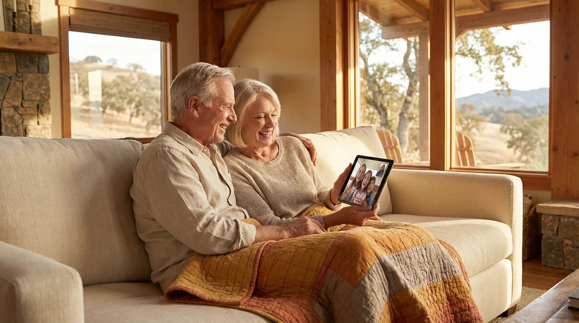 Happy senior couple using technology in their Hill Country home