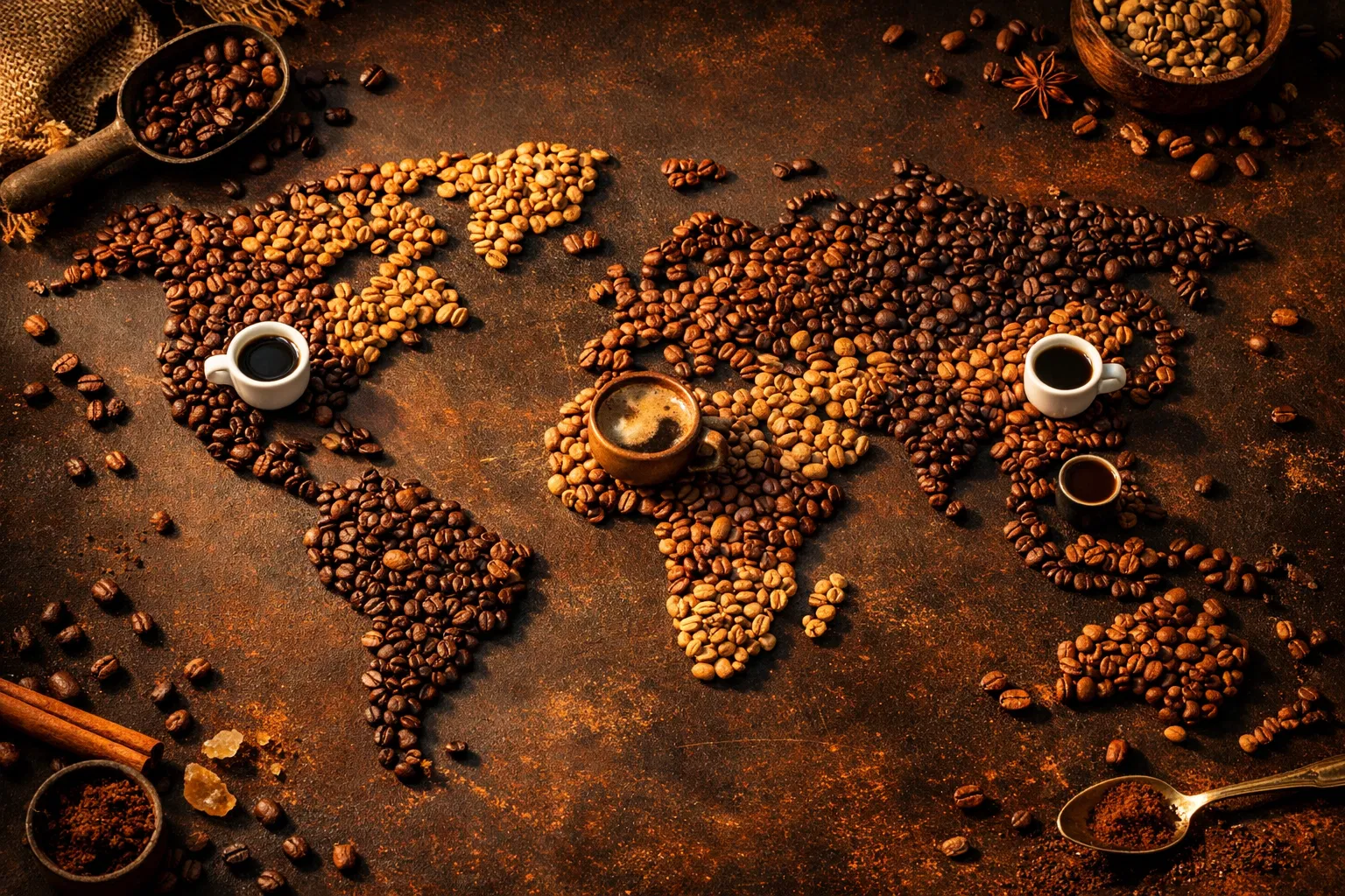 Coffee beans world map showing global reach
