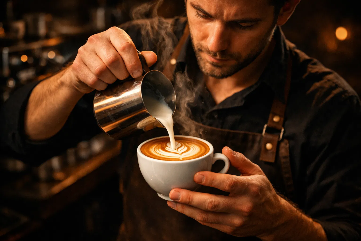 Professional barista crafting latte art