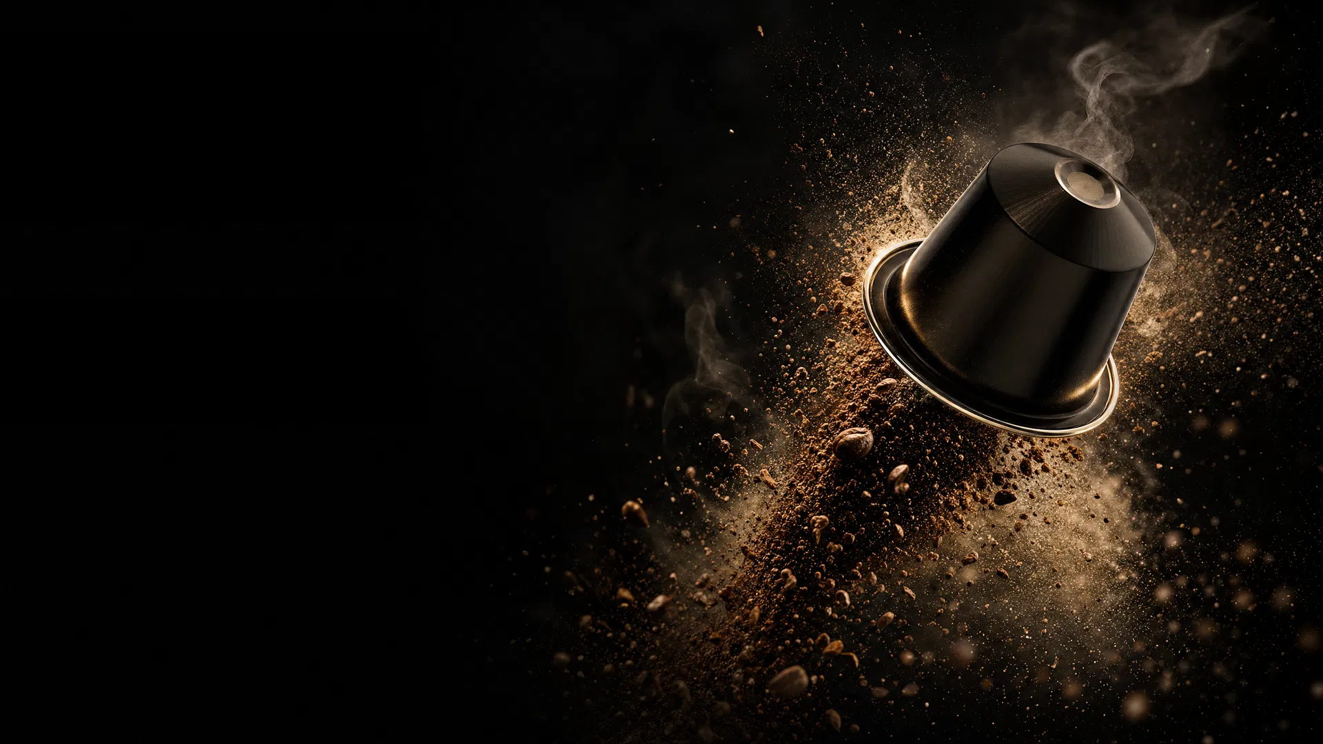 Premium black coffee capsule flying through roasted coffee grounds
