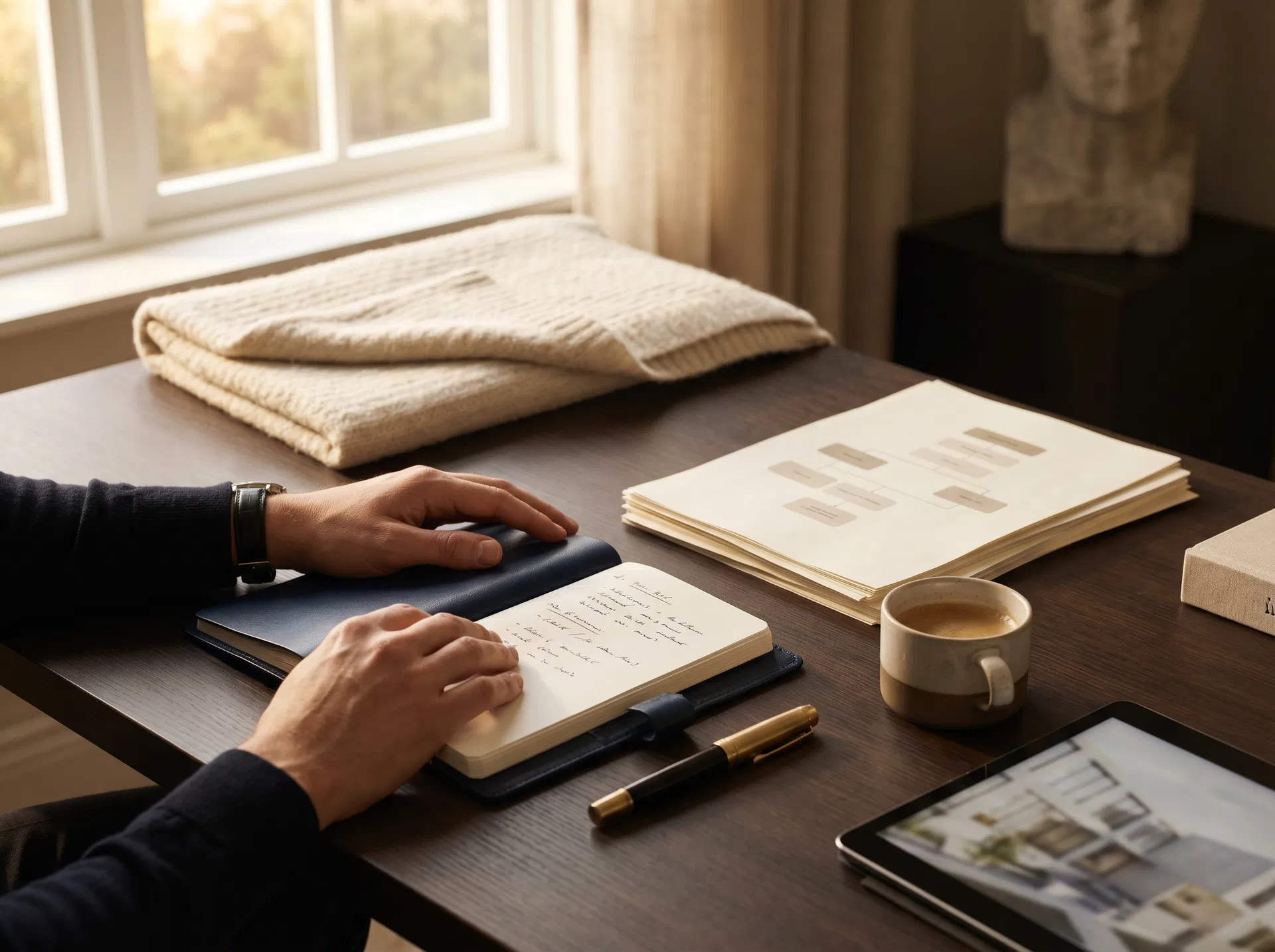 Editorial workspace scene for strategic planning and business architecture