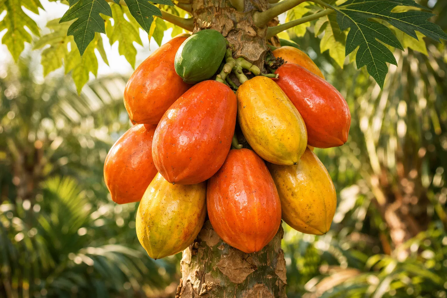 Ripe papaya fruits on tree