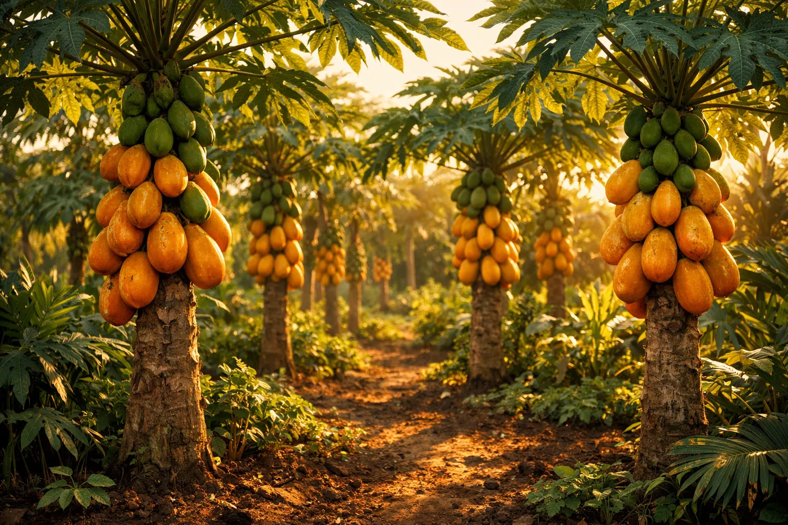 Lush papaya garden at golden hour