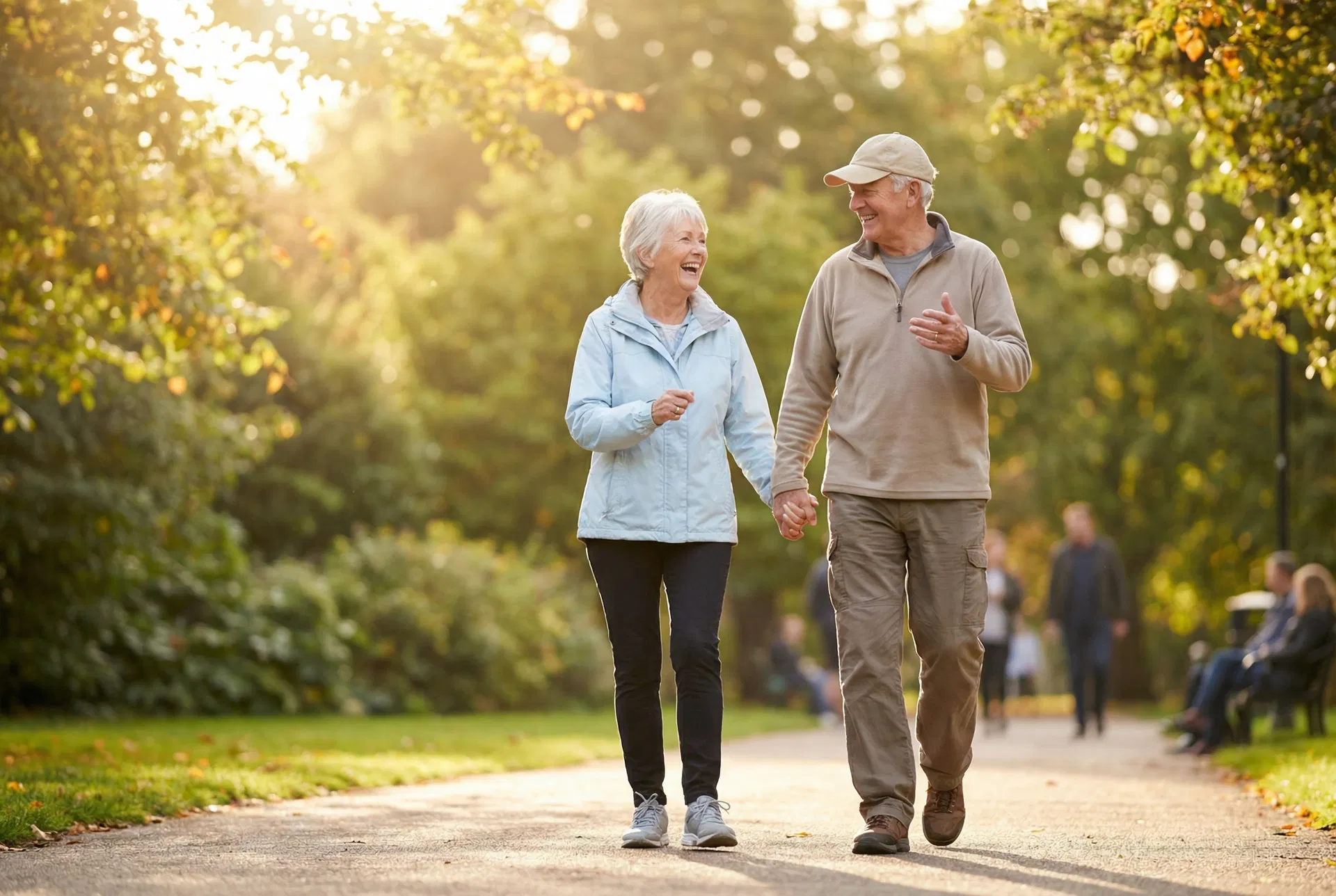 Happy elderly couple walking comfortably outdoors