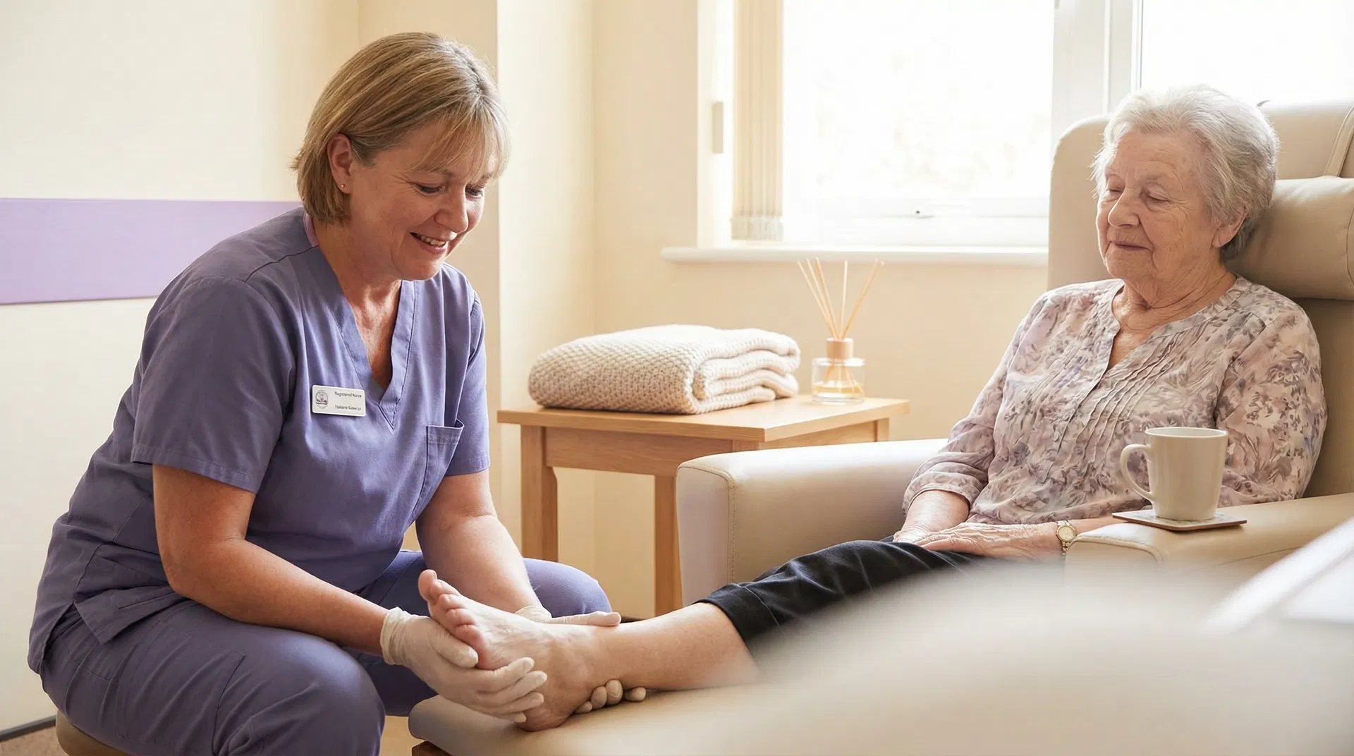 Registered nurse providing professional foot care to an elderly patient