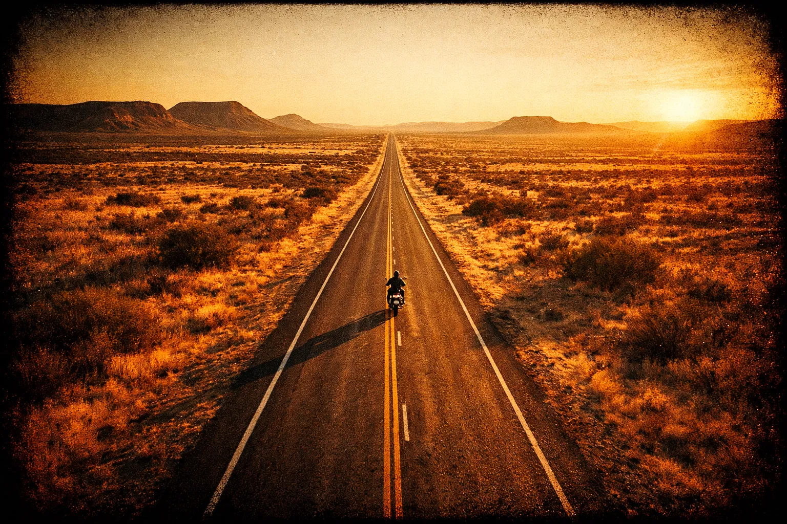 Lone rider on a Texas highway at sunset