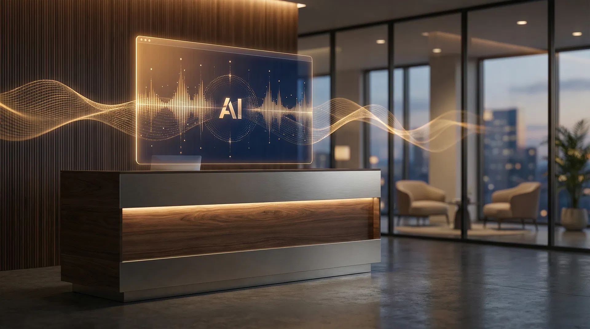 AI receptionist interface showing a modern office reception desk with AI technology active 24/7