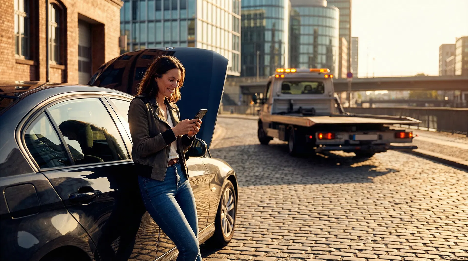 Woman using ConViniCar app while tow truck arrives