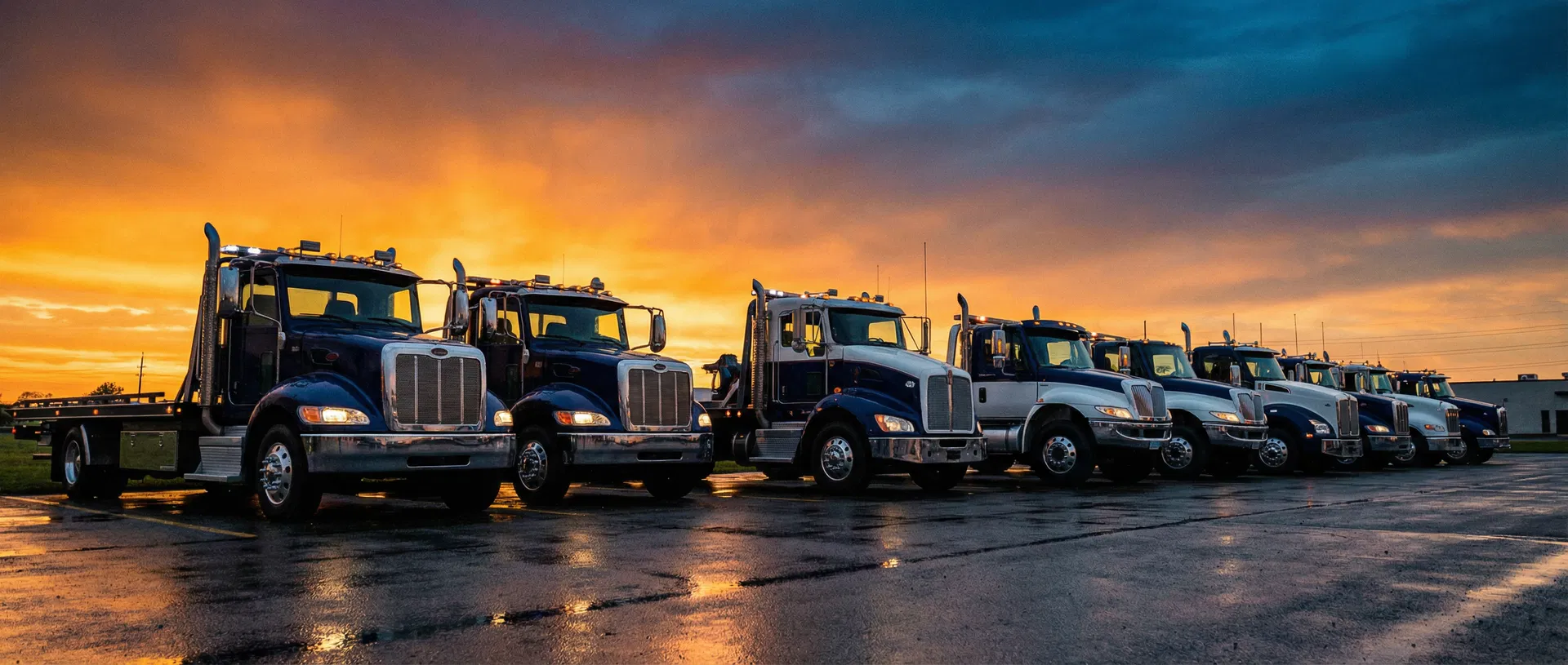 Professional tow truck fleet at sunset
