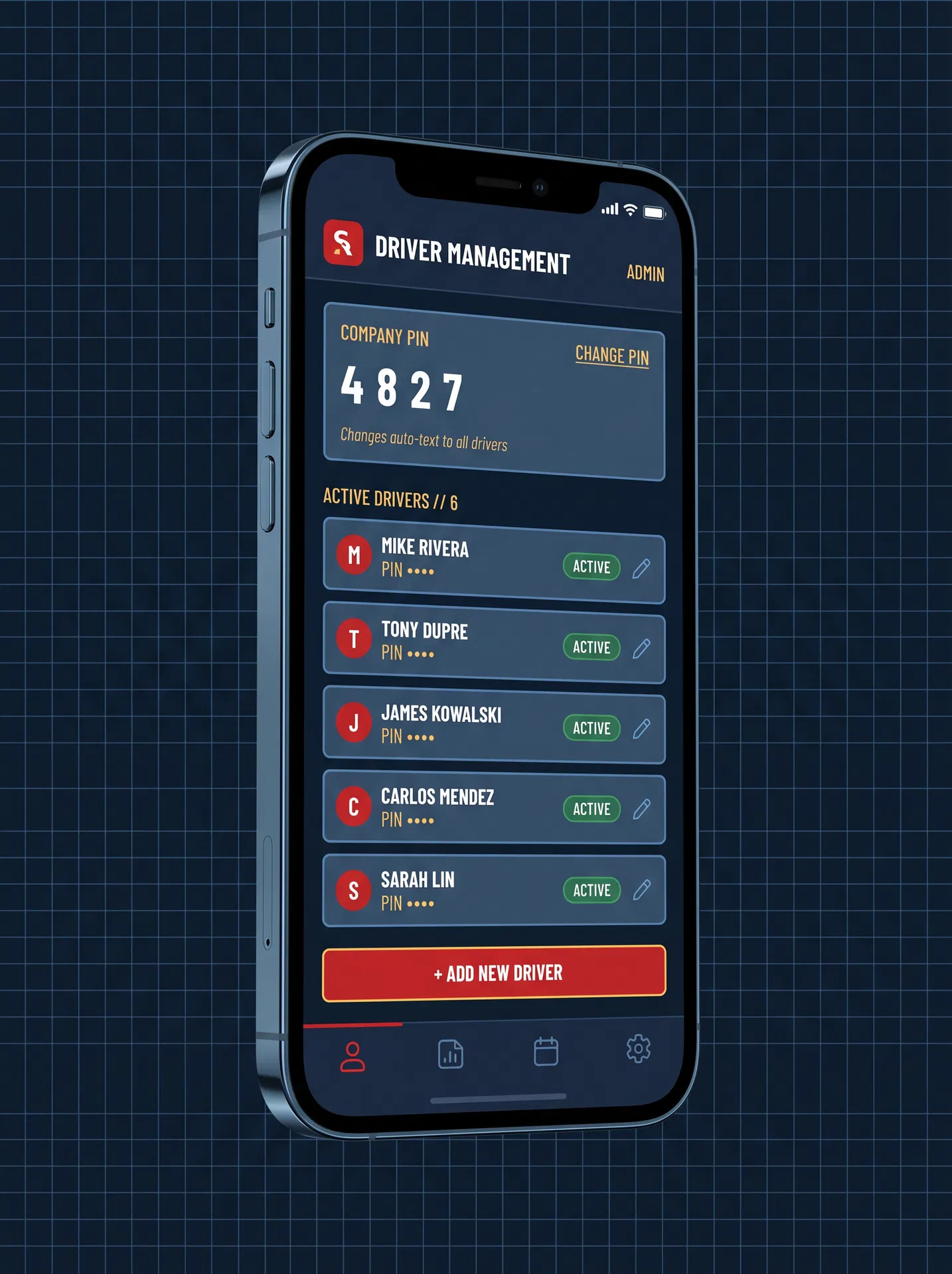 Admin driver management screen in Shift Track showing PIN control and one-tap deactivation for towing employees