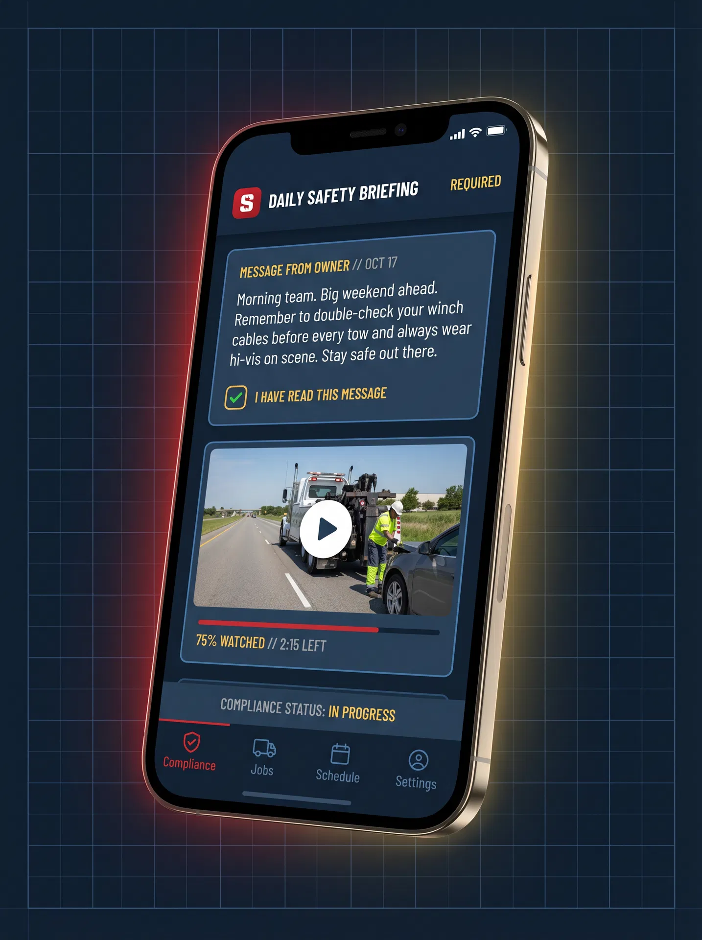 Driver compliance screen in the Shift Track app showing the owner's daily safety message and a required training video