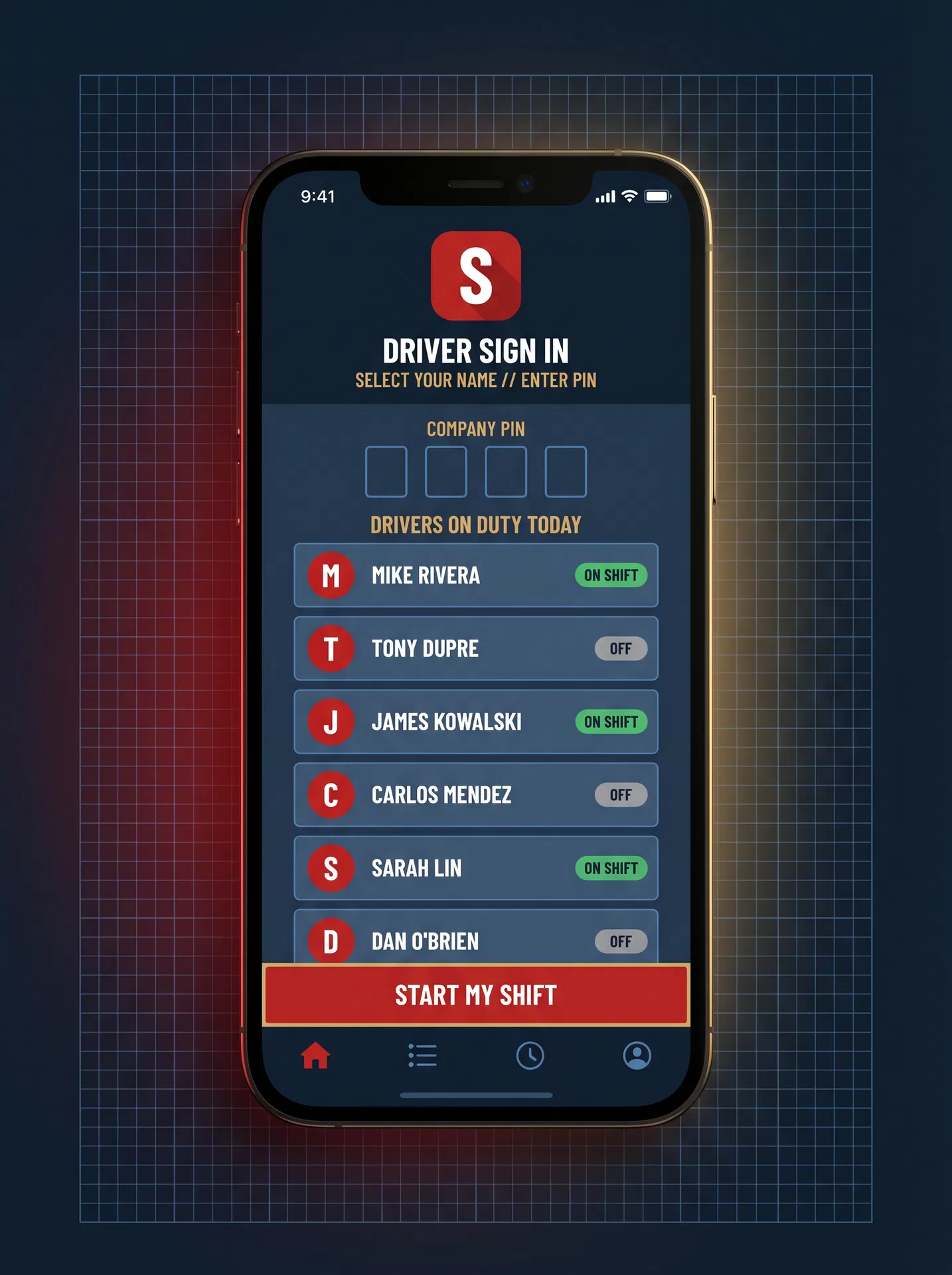 Shift Track three-layer driver sign-in screen with company PIN, driver name, and personal 4-digit PIN entry