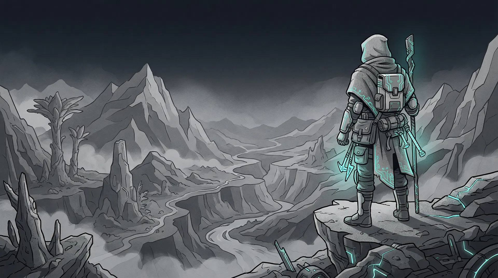 Faceless illustrated figure standing at the edge of a vast unmapped landscape — teal glowing tools, dark atmospheric background