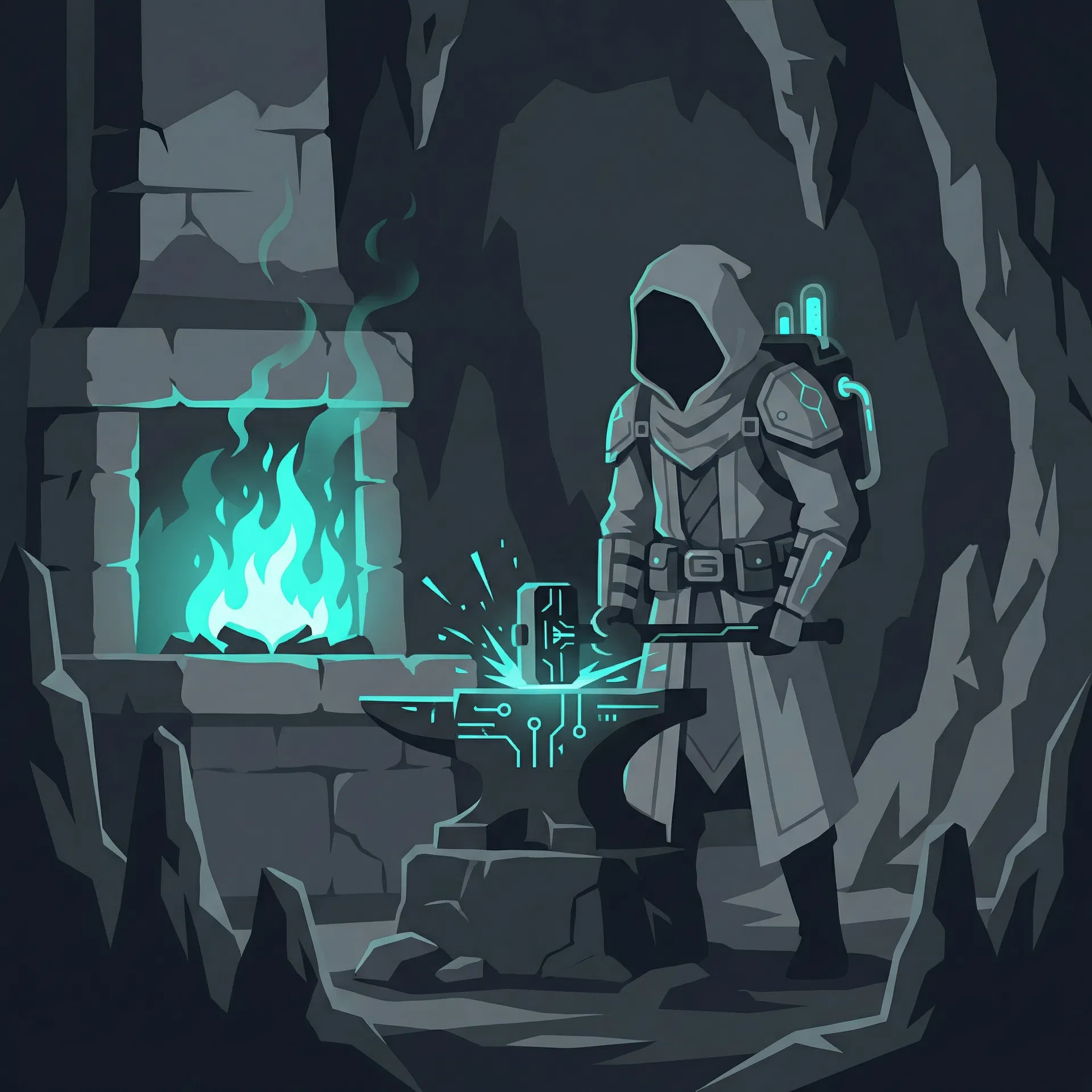 Faceless gray-toned figure at a stone forge with turquoise fire and circuit-etched anvil — techno-adventure blacksmith