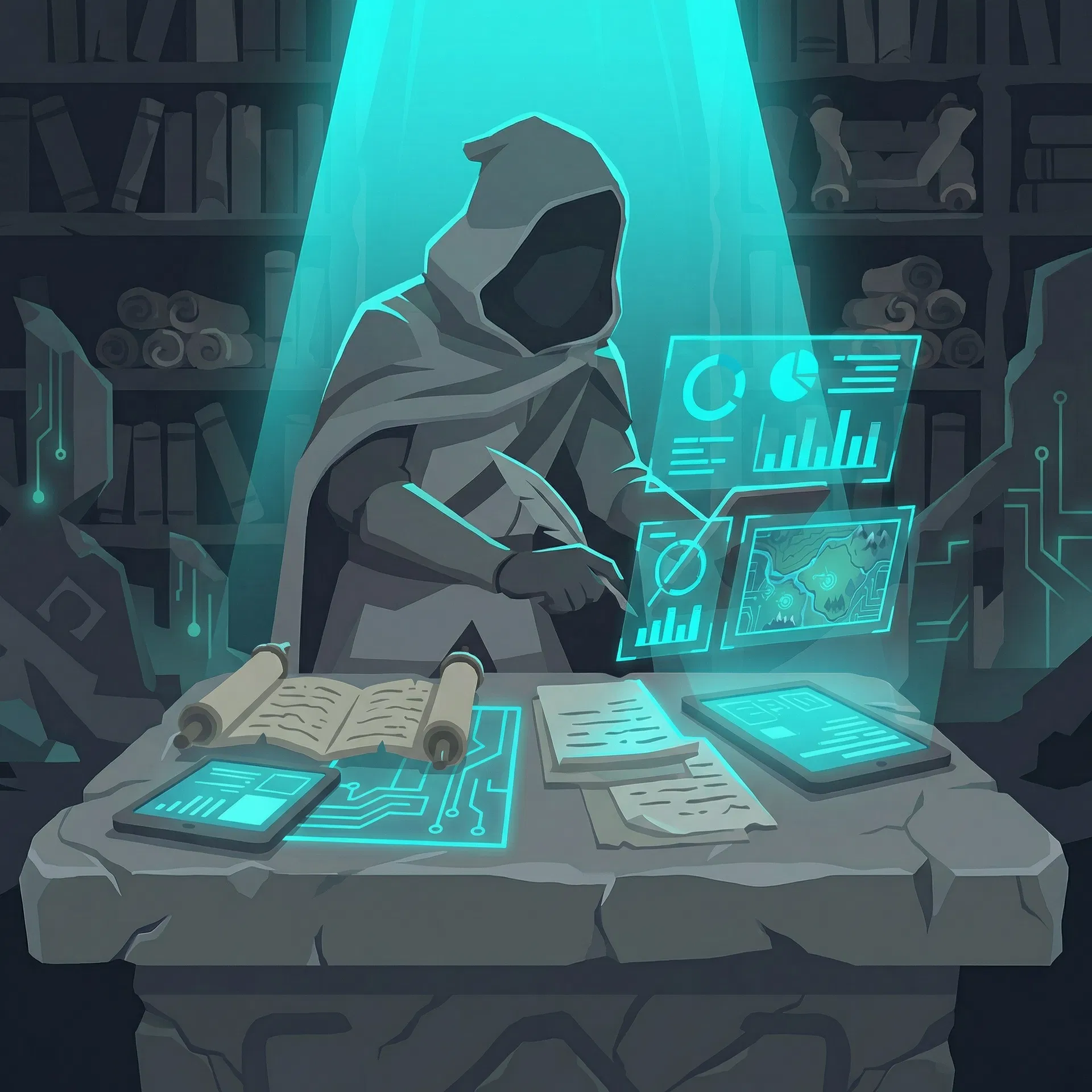 Faceless illustrated figure reviewing documents and data charts under teal light