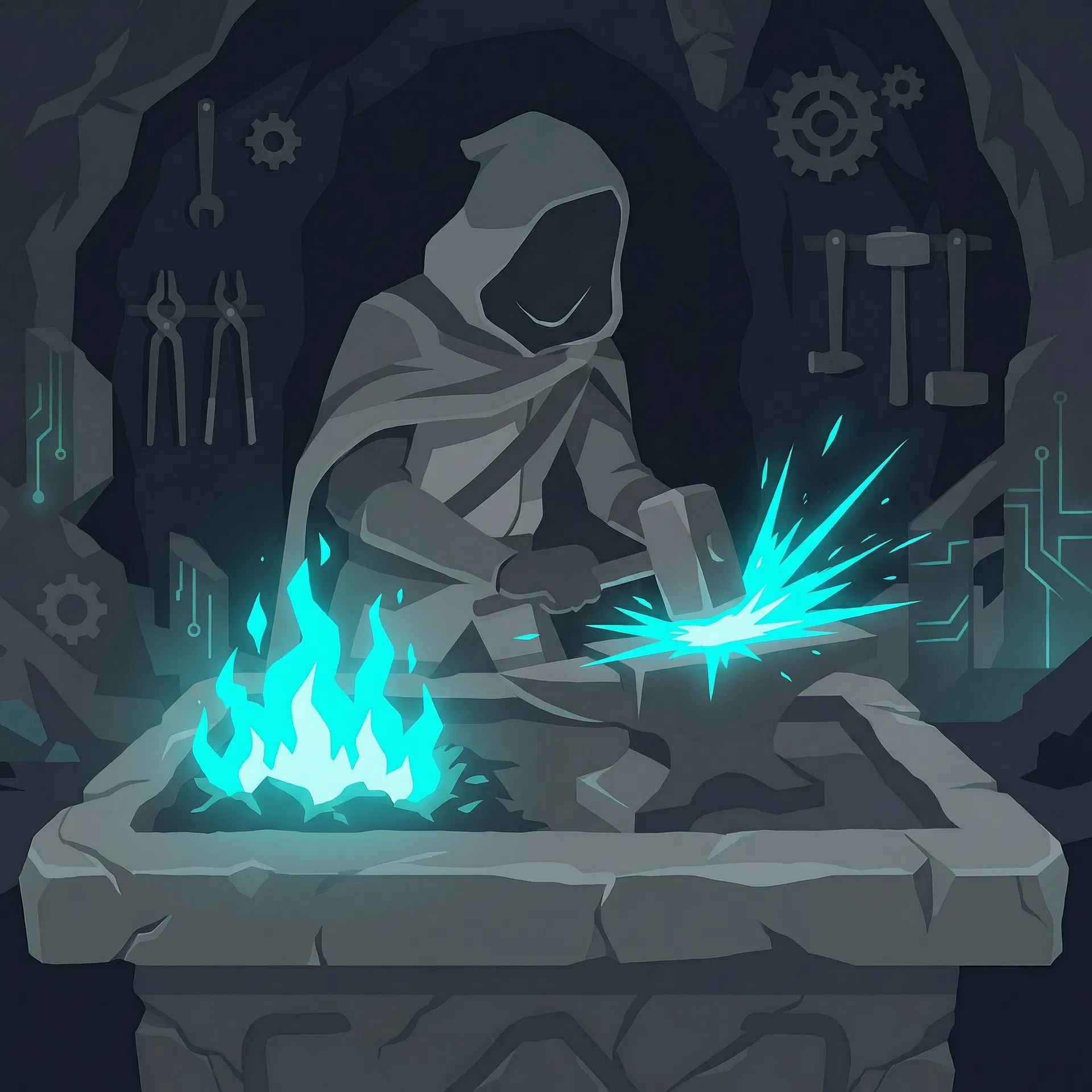 Faceless illustrated figure forging at an anvil with teal sparks and fire