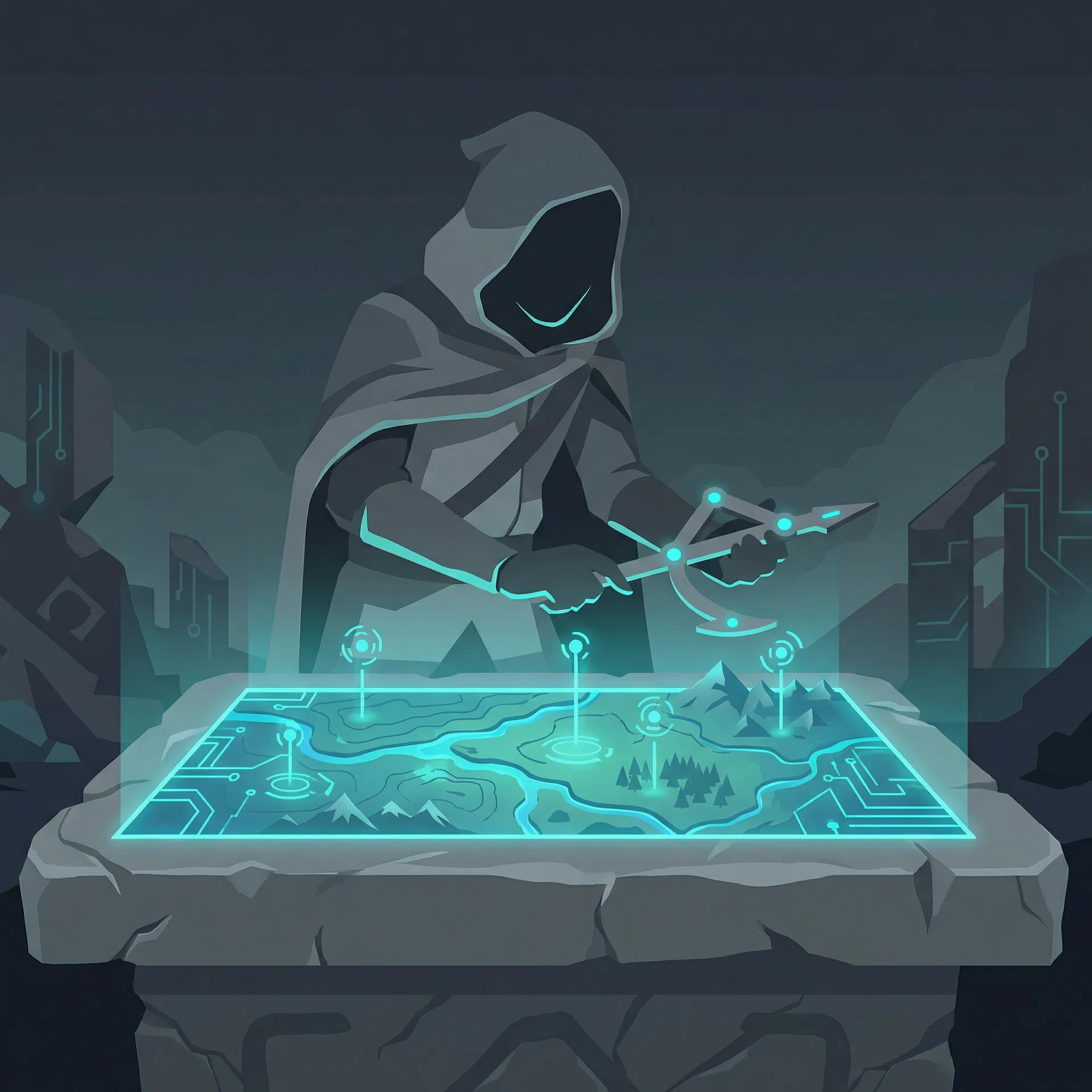Faceless illustrated figure leaning over a holographic map with teal light tracing routes