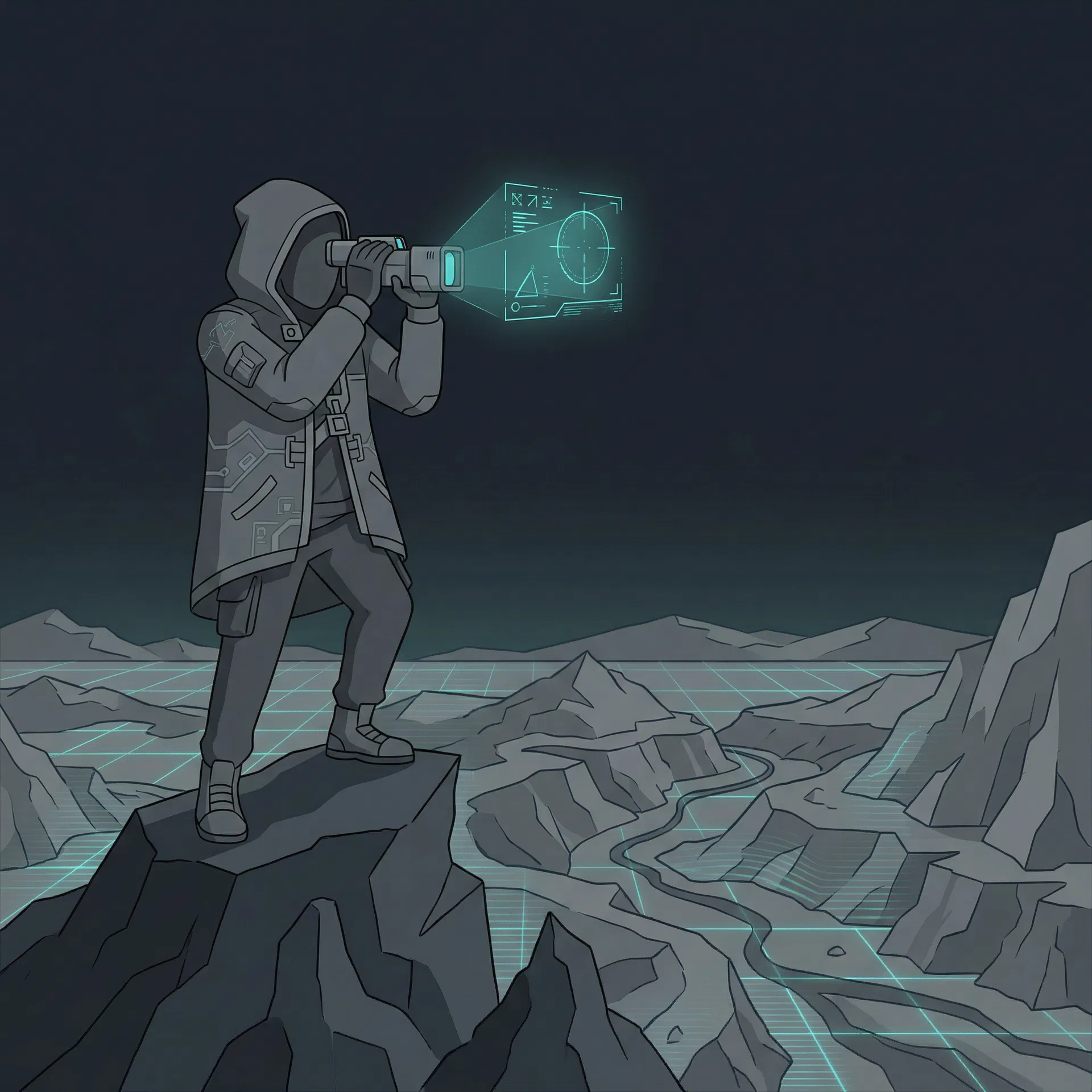 Faceless illustrated figure with binoculars scouting the landscape from an elevated outcrop