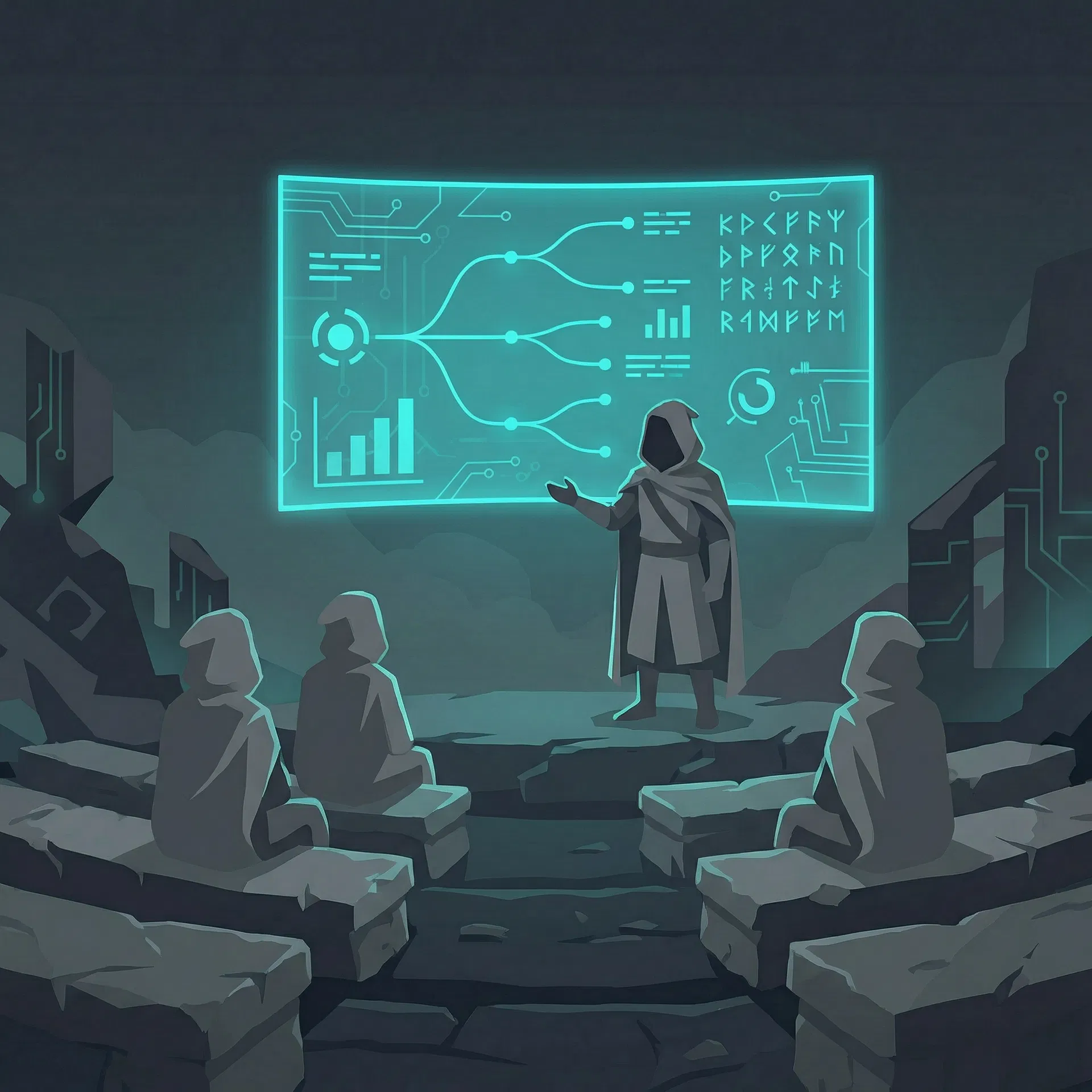 Faceless illustrated figure presenting to a group with a teal holographic projection