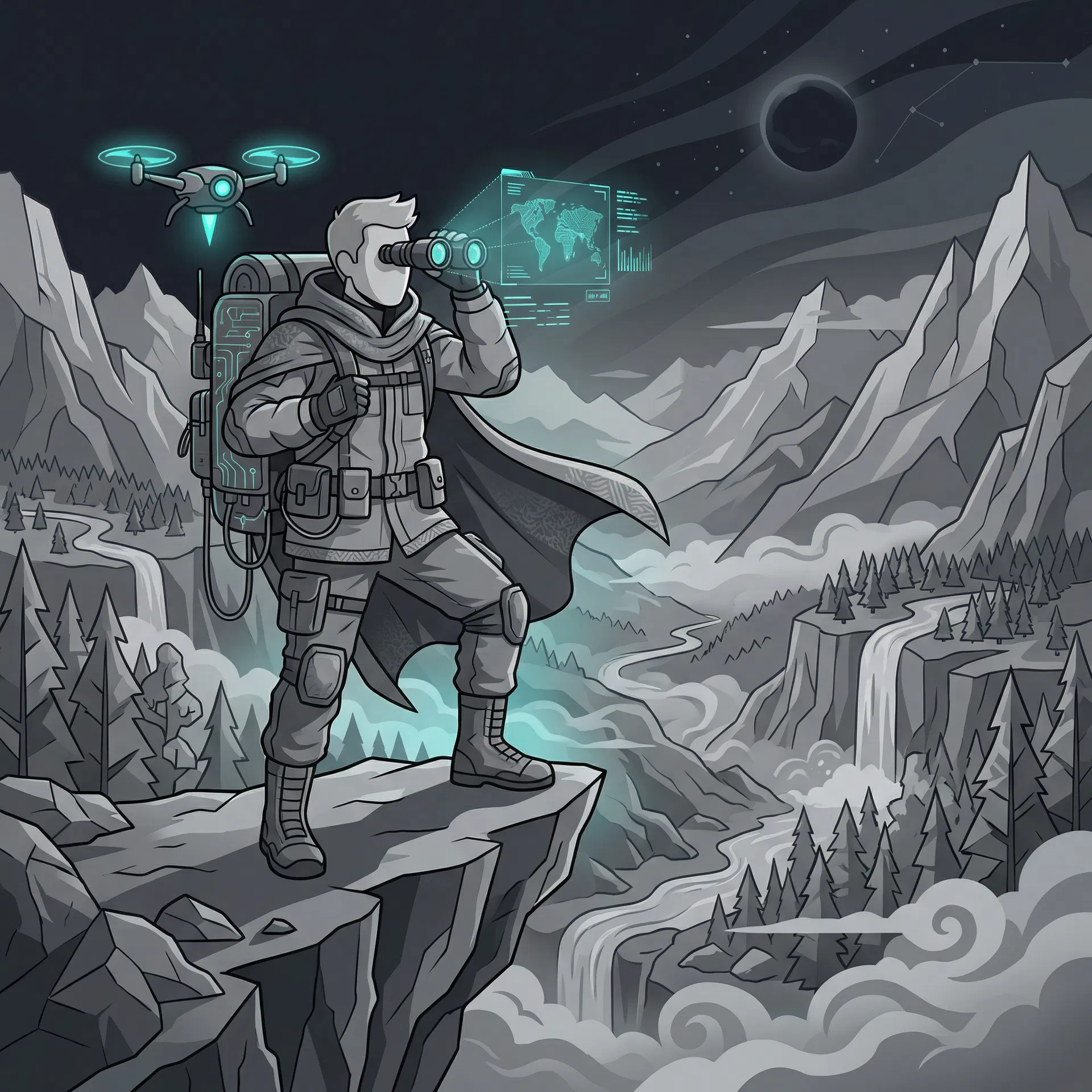 Faceless gray-toned figure scouting a vast natural landscape from a cliff edge with tech-enhanced binoculars and drone