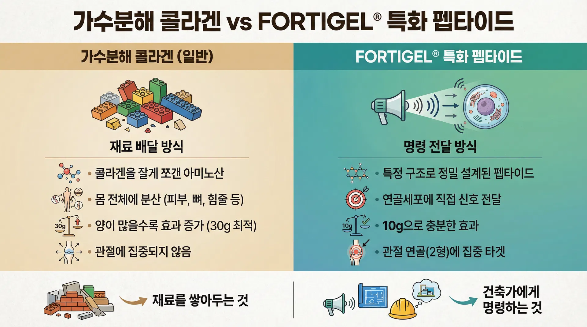 가수분해 콜라겐(재료 배달 방식) vs FORTIGEL® 특화 펩타이드(명령 전달 방식) 비교 인포그래픽