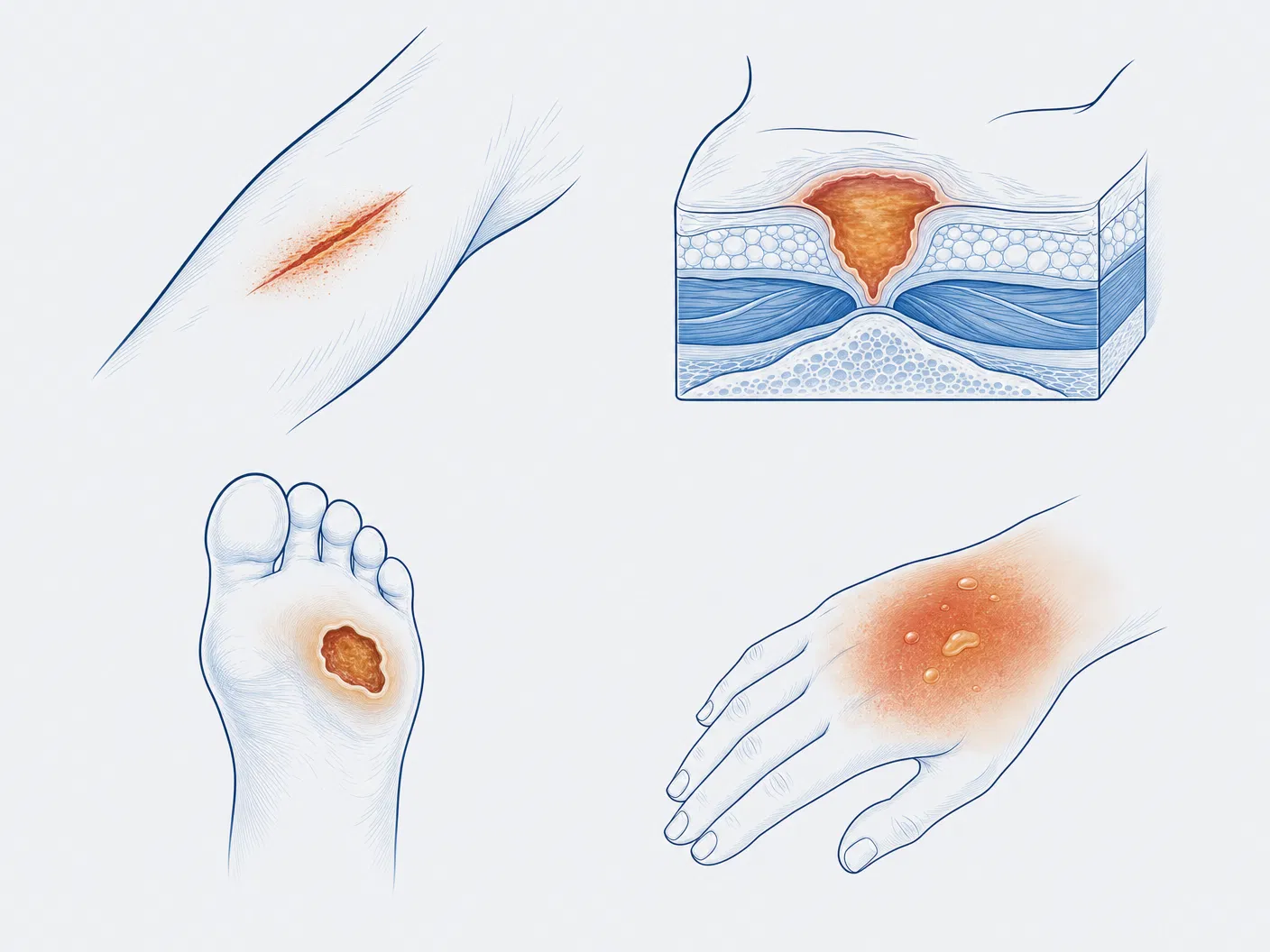 Medical illustrations of common wound types